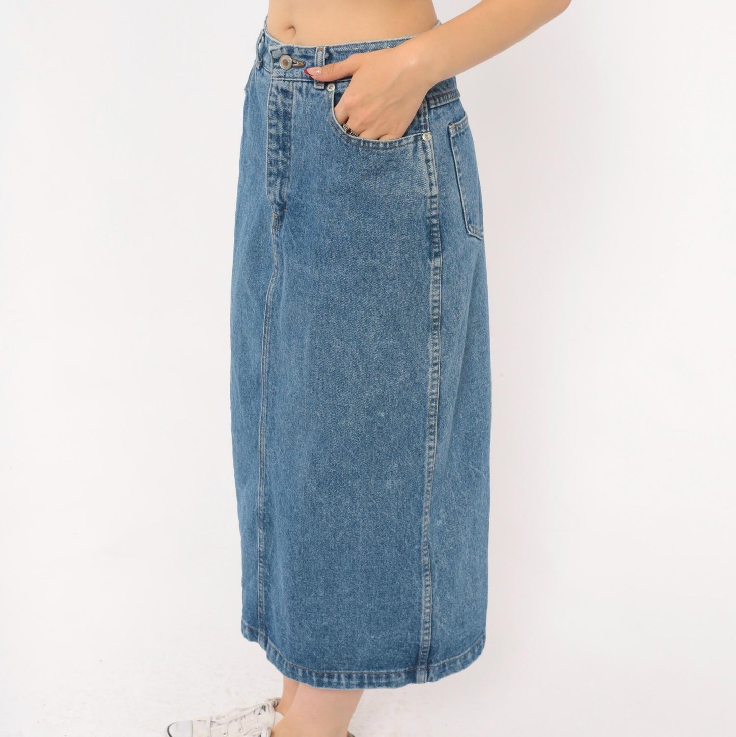 90s Jordache Denim Midi Skirt Medium Wash High Waist Straight Pencil Back Slit Small