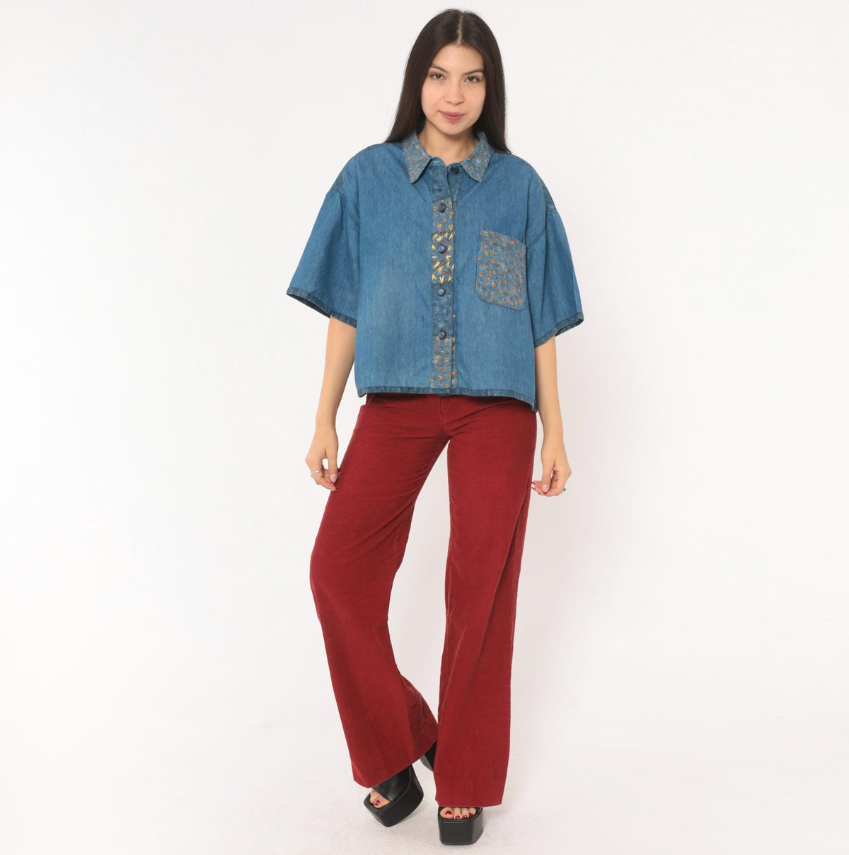 90s St. Jeanne Denim Shirt Patchwork Print Button Front Cotton Extra Large XL