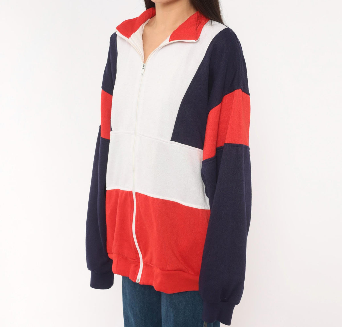 80s Active Wear Color Block Zip Jacket Navy Red White Striped Men's Large