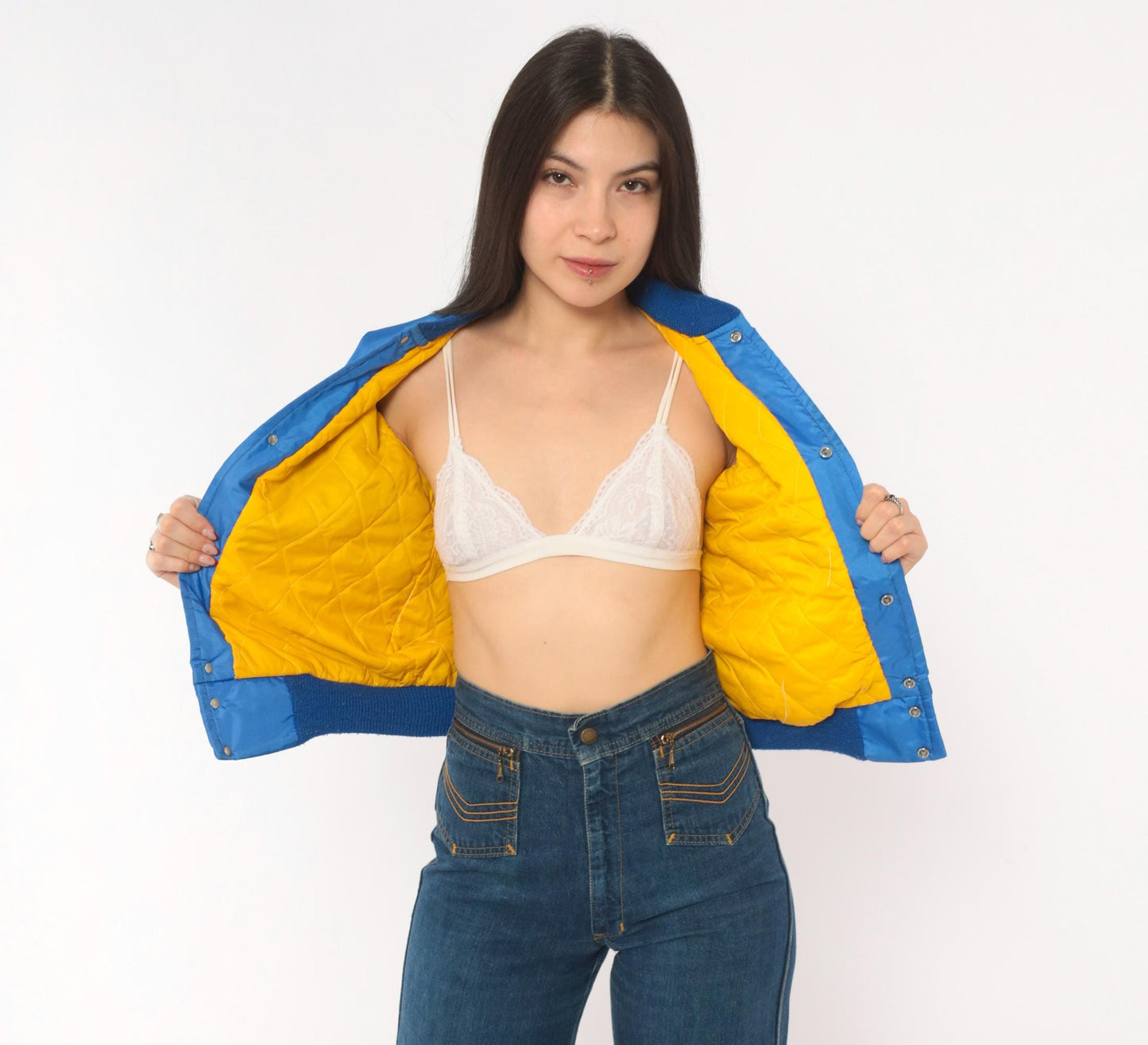 80s West Wind Royal Blue Satin Bomber Jacket Hastings Embroidered Gold Lined XS
