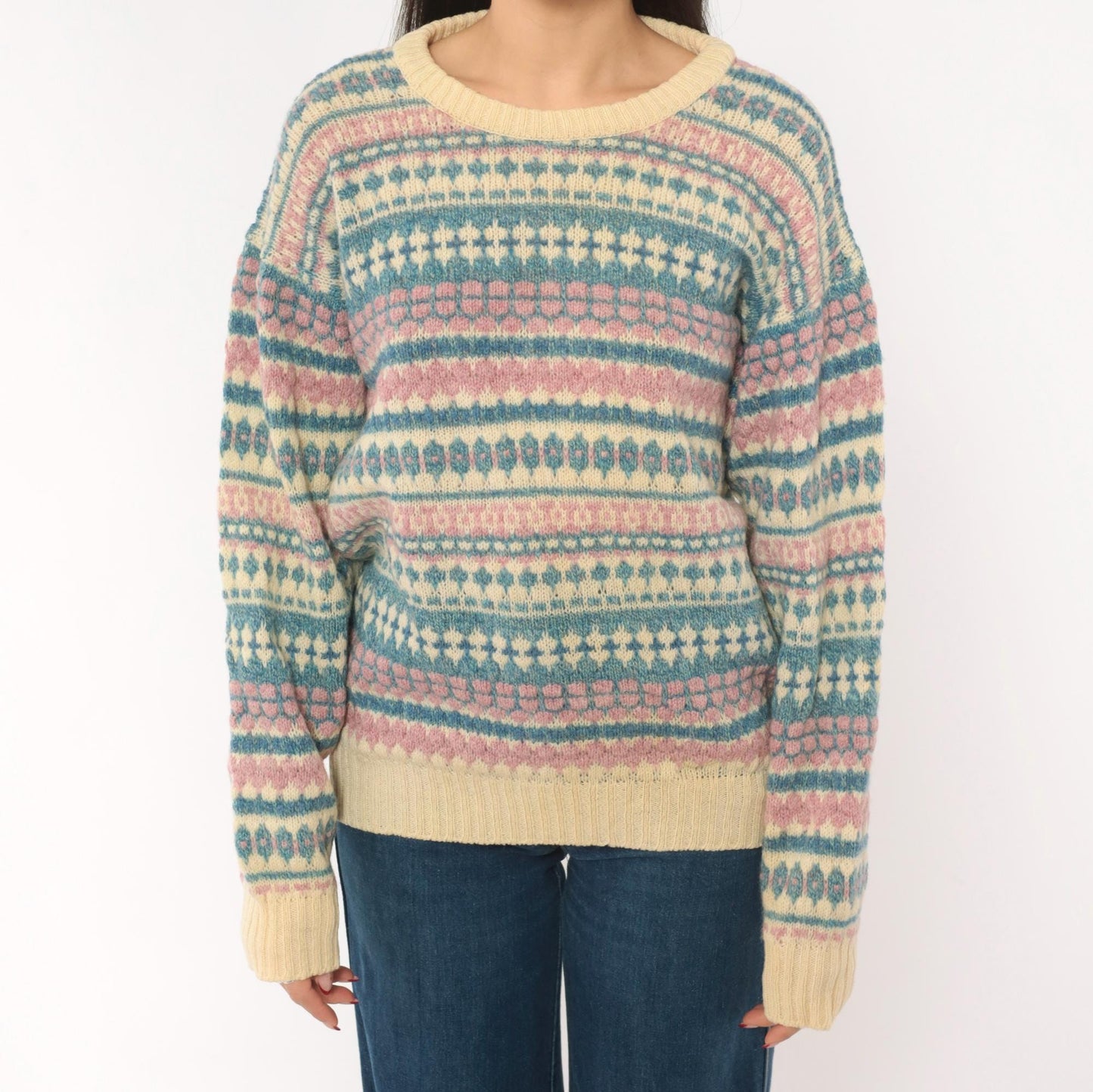 80s American Eagle Fair Isle Wool Sweater Cream Pink Blue Large