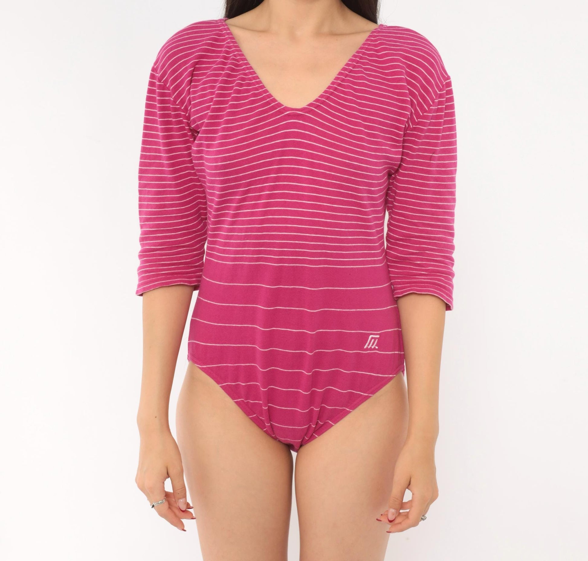 80s Pink White Striped Bodysuit Deep V-Neck Dolman Sleeve Snap Crotch Large L