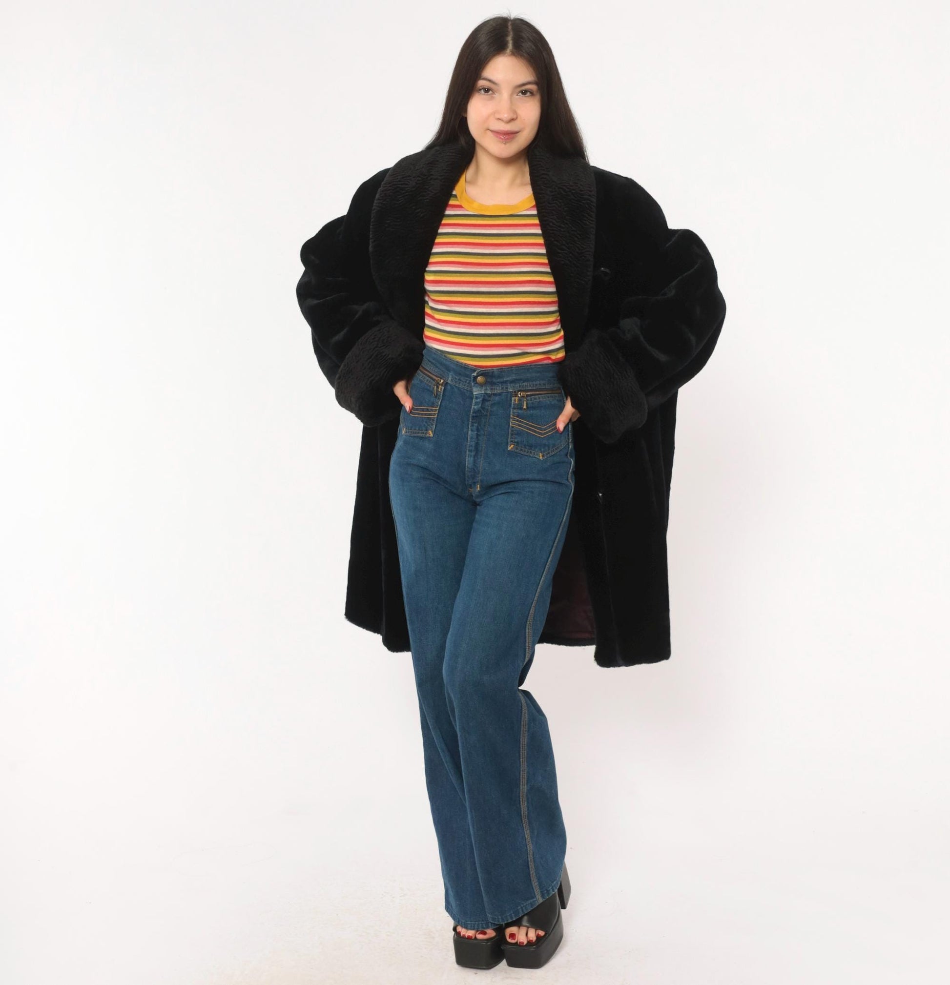 70s Gallery Black Faux Fur Coat Astrakhan Collar Knee-Length Extra Large XL