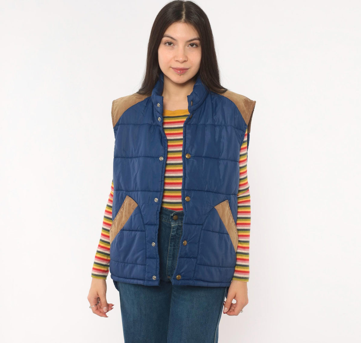 80s Navy Puffer Vest Quilted Suede Trim Snap Front Stand Collar Medium M