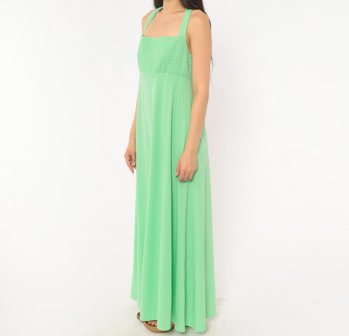 70s Mint Green Halter Maxi Dress Empire Waist Smocked Bodice Open Back Medium