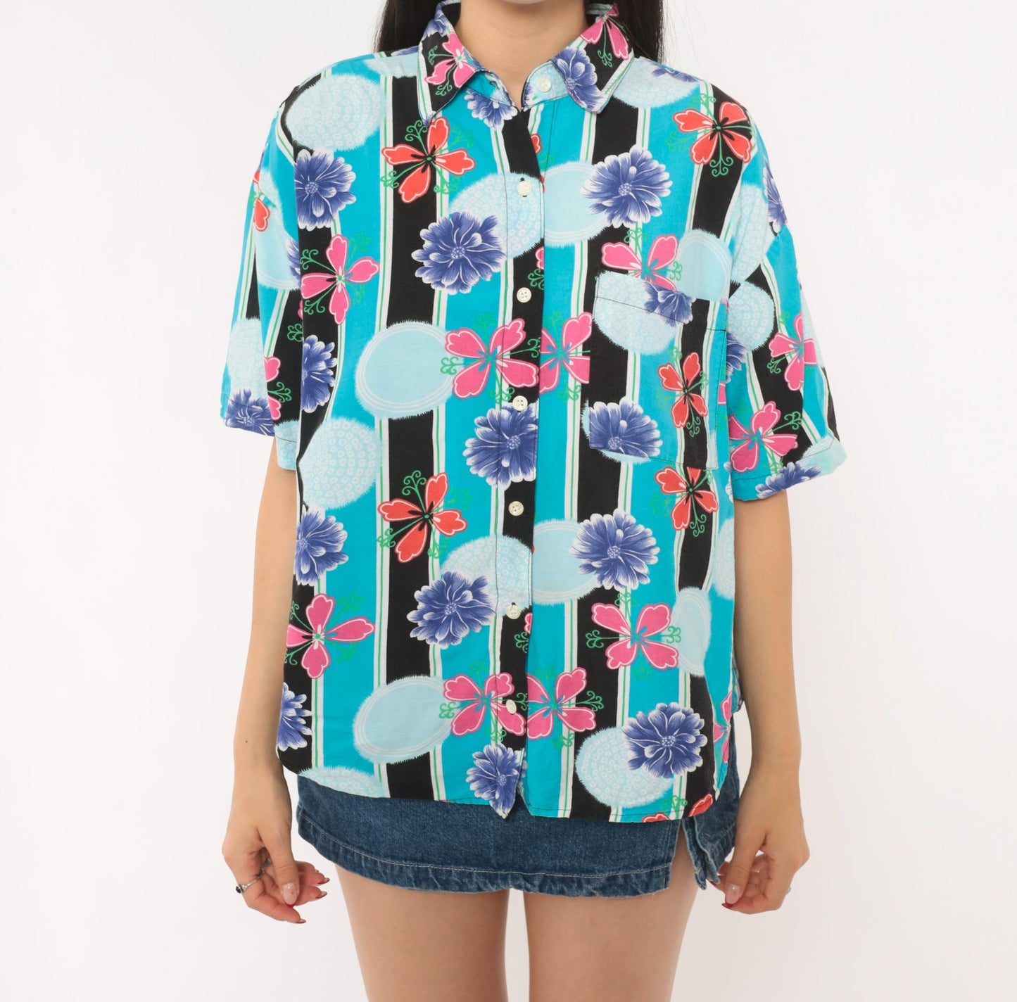 90s Justin Allen Chemise Floral Button Shirt Turquoise Chrysanthemum Medium M