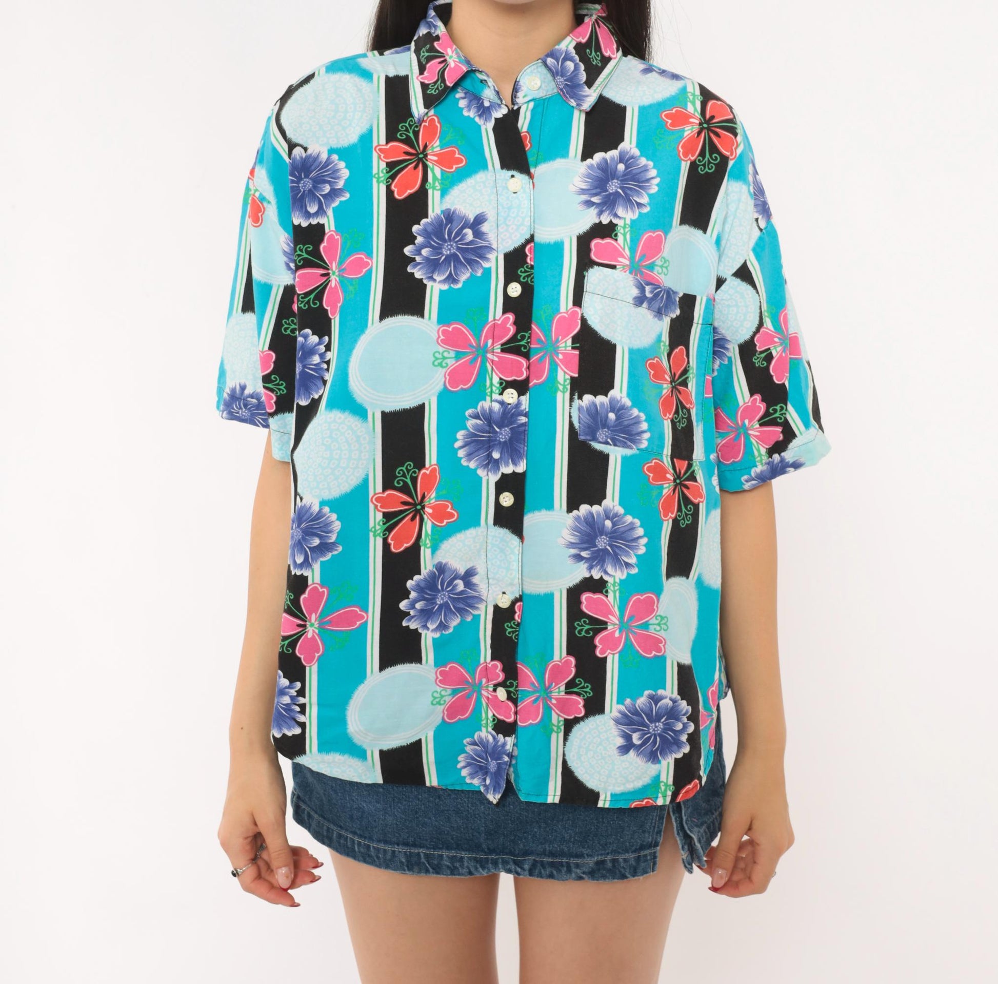 90s Justin Allen Chemise Floral Button Shirt Turquoise Chrysanthemum Medium M
