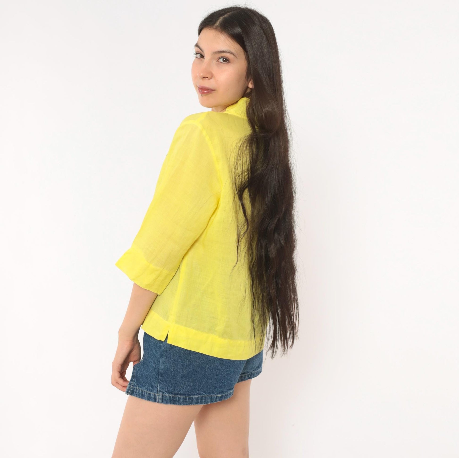 80s Yellow Embroidered Floral Mandarin Collar Blouse Cotton Three Quarter Sleeve Medium