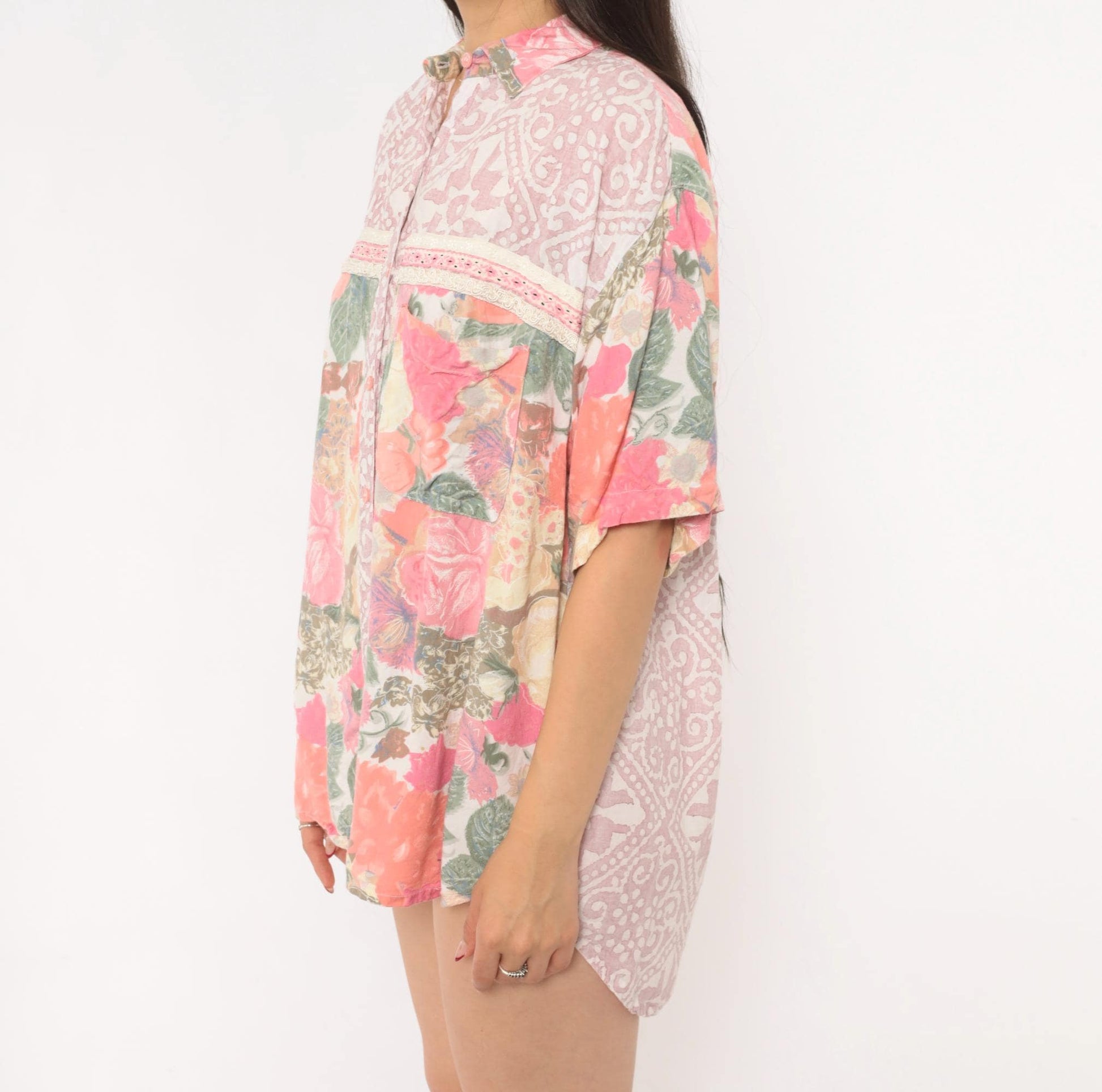 90s Hg Ny Floral Button Up Blouse Pink Cream Lace Trim Large L