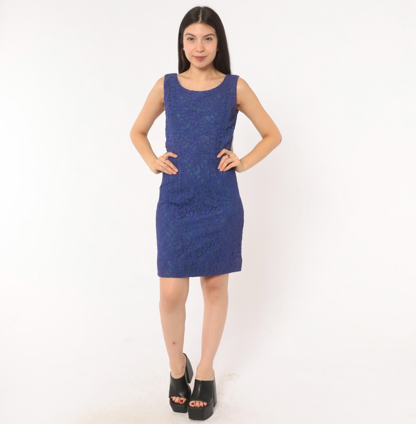 60s Cobalt Lace Sheath Dress Sleeveless Knee-Length Mod Floral Small