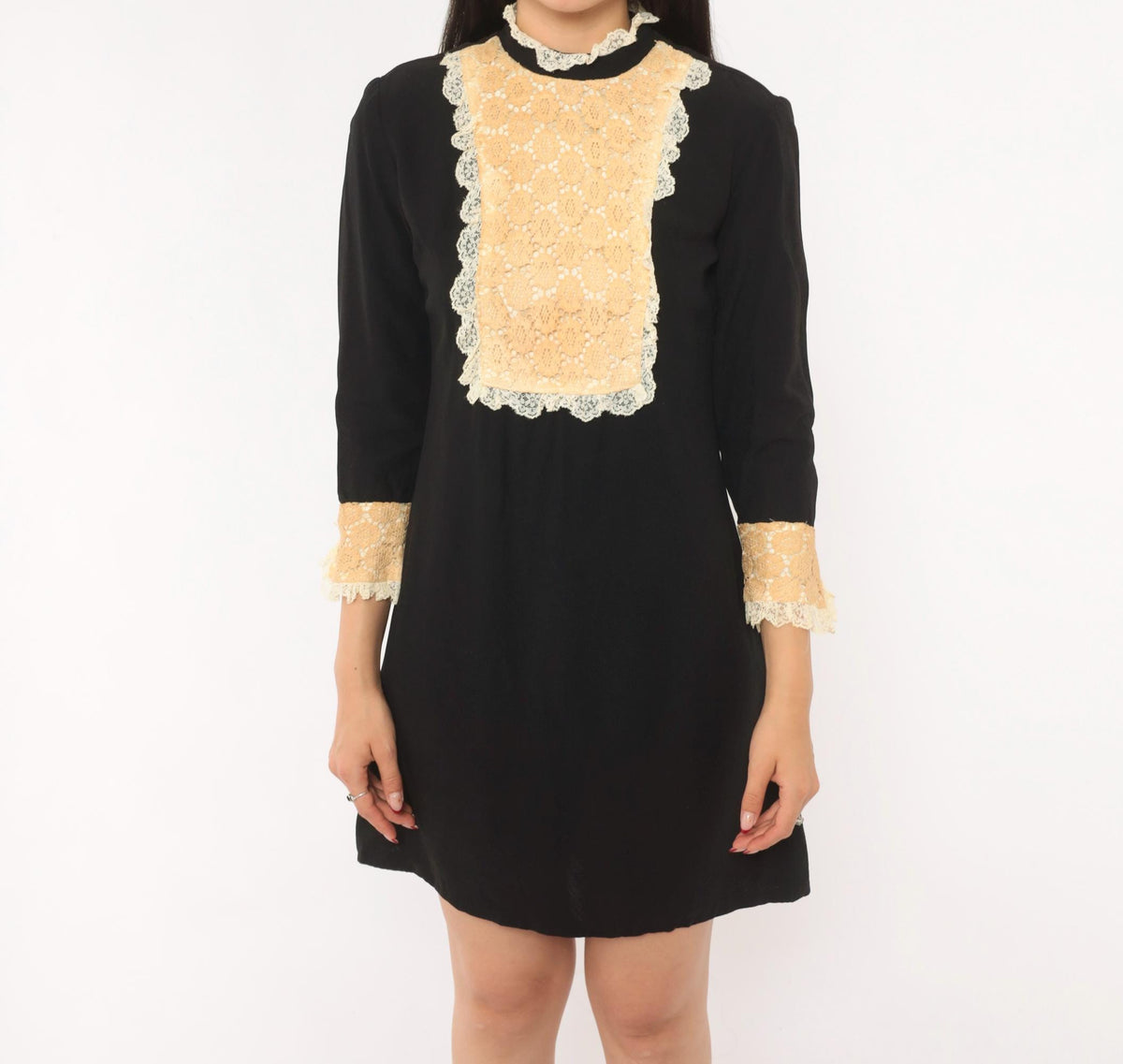 60s Black Mini Shift Dress Cream Lace Bib Mock Neck Ruffle Cuff Extra Small