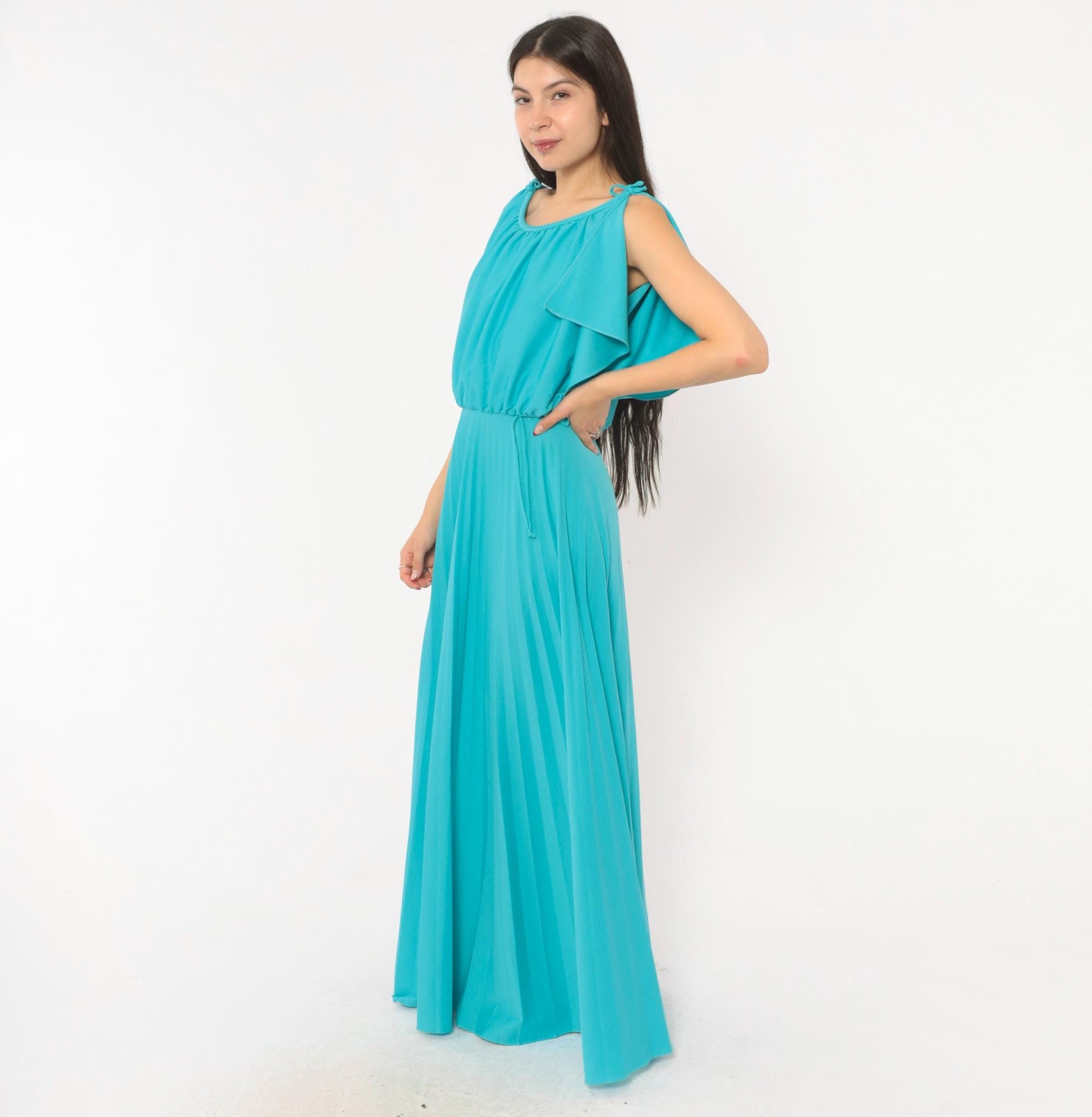 70s Turquoise Maxi Dress Cold Shoulder Flutter Sleeve Blouson Bodice Medium