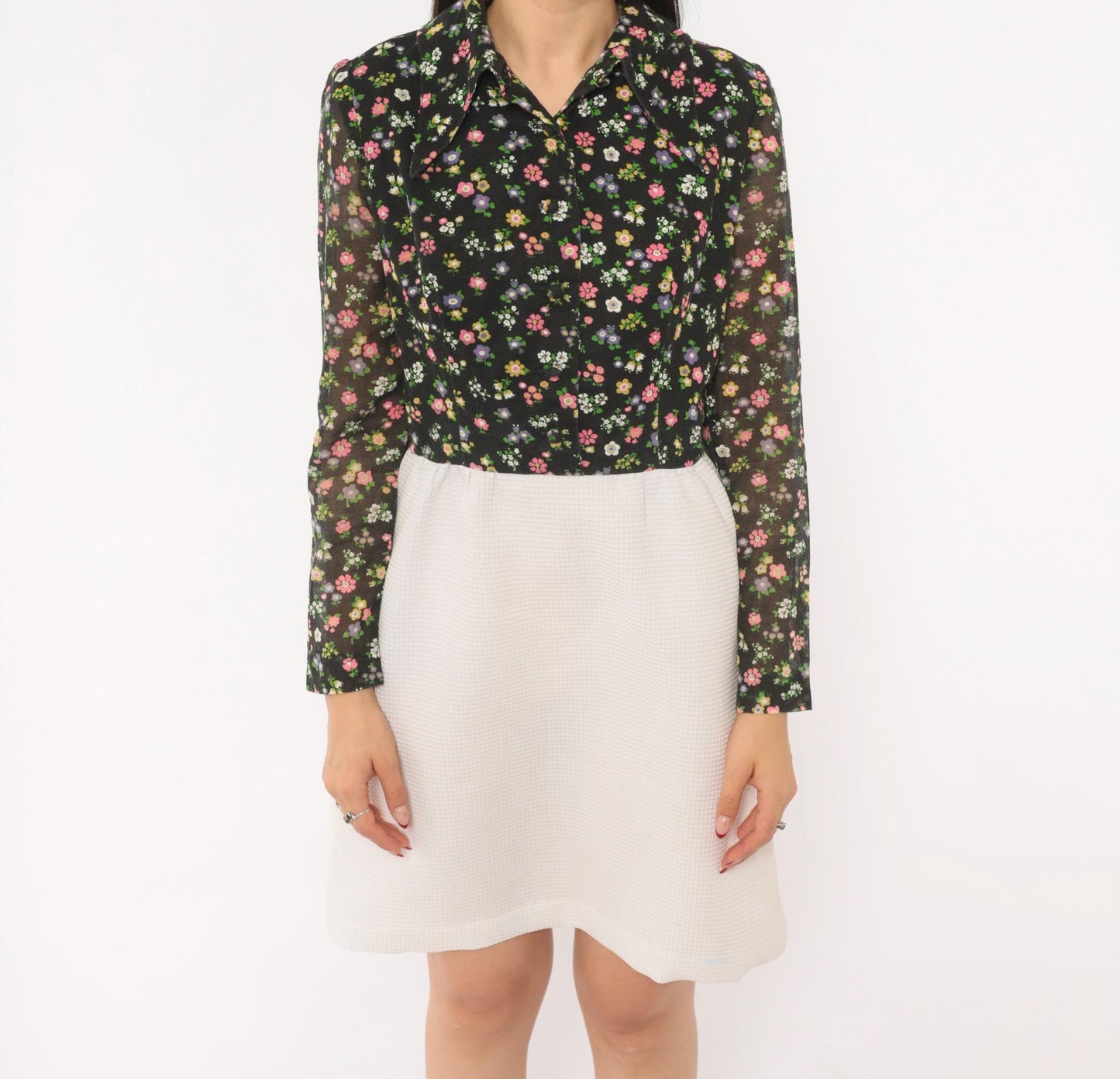70s Black Floral Two-Tone Shirt Dress White A-Line Knee-Length Small S