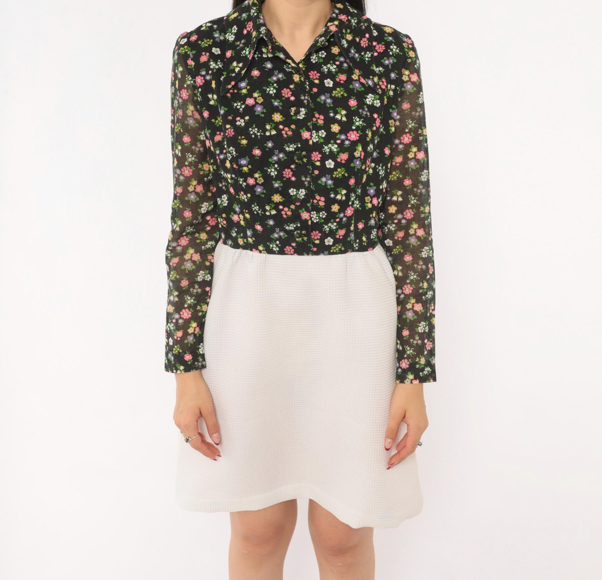 70s Black Floral Two-Tone Shirt Dress White A-Line Knee-Length Small S