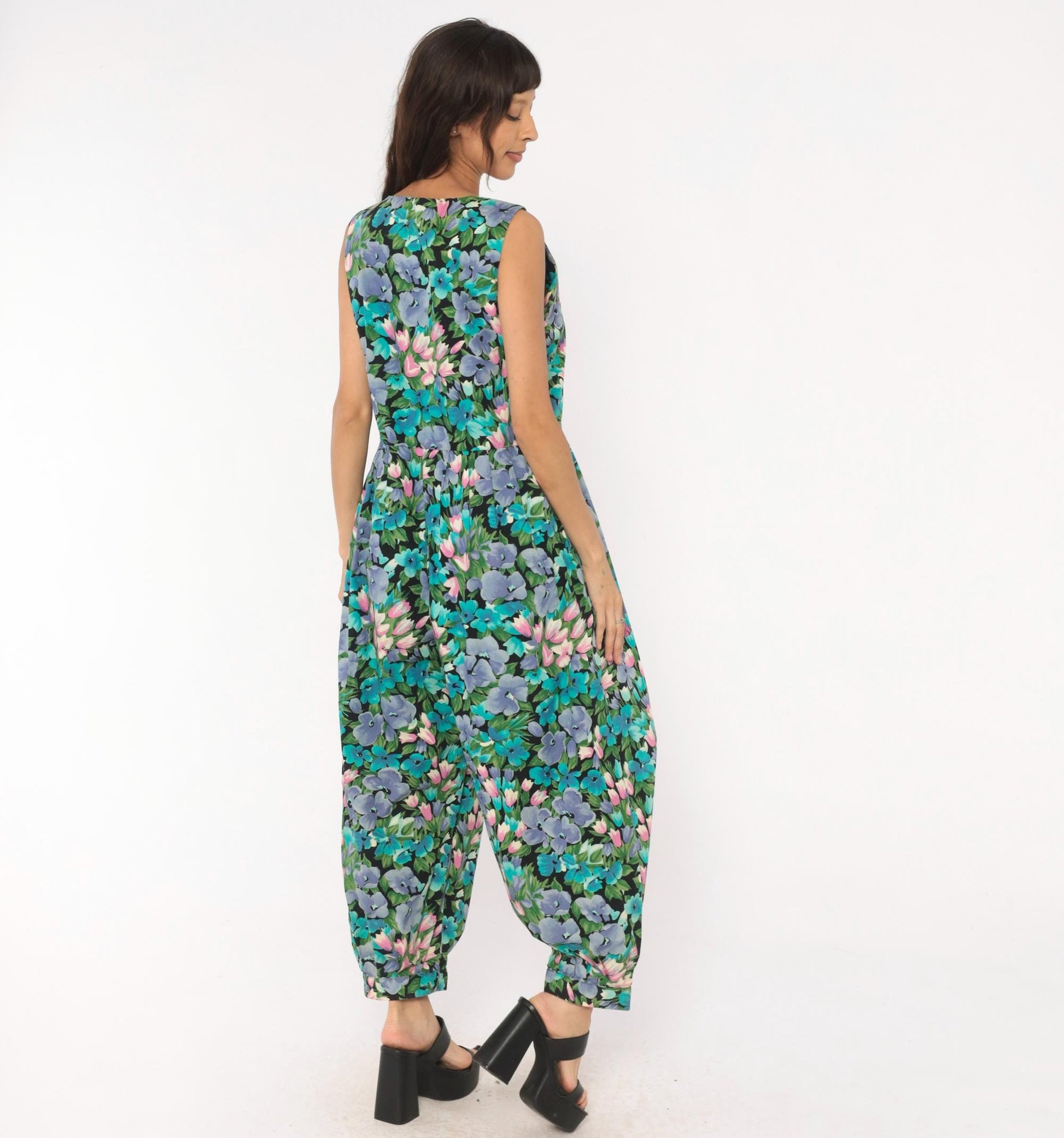 90s Maggie Breen Floral Jumpsuit Sleeveless Cotton Wide Leg Black Garden Print Medium