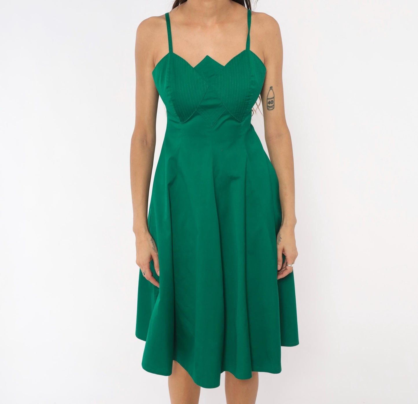 90s Emerald Bustier Sundress Sweetheart Neckline Cotton Spaghetti Strap Small