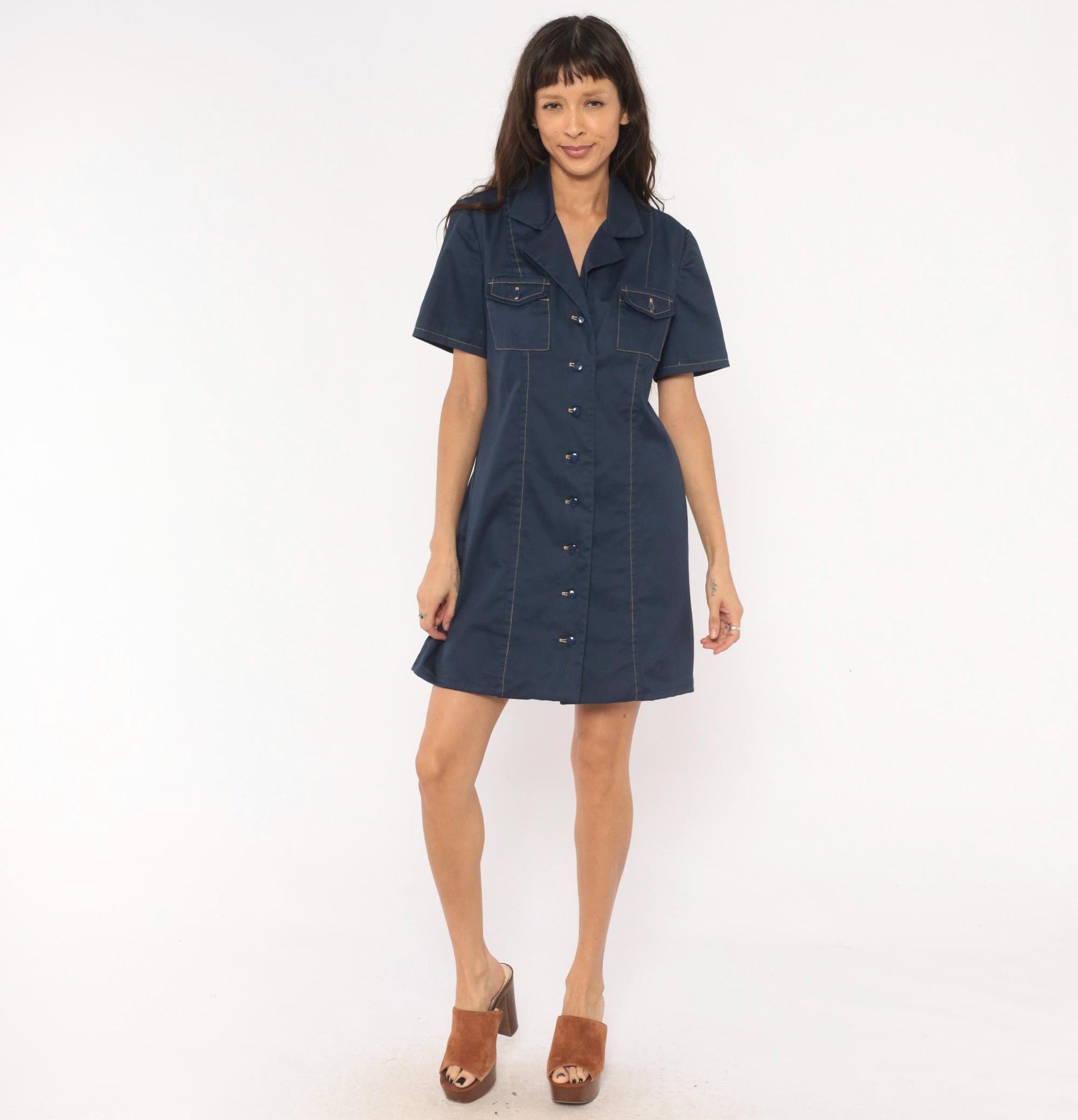 60s Navy Cotton Shirt Dress Button Front Notched Collar A-Line Medium M