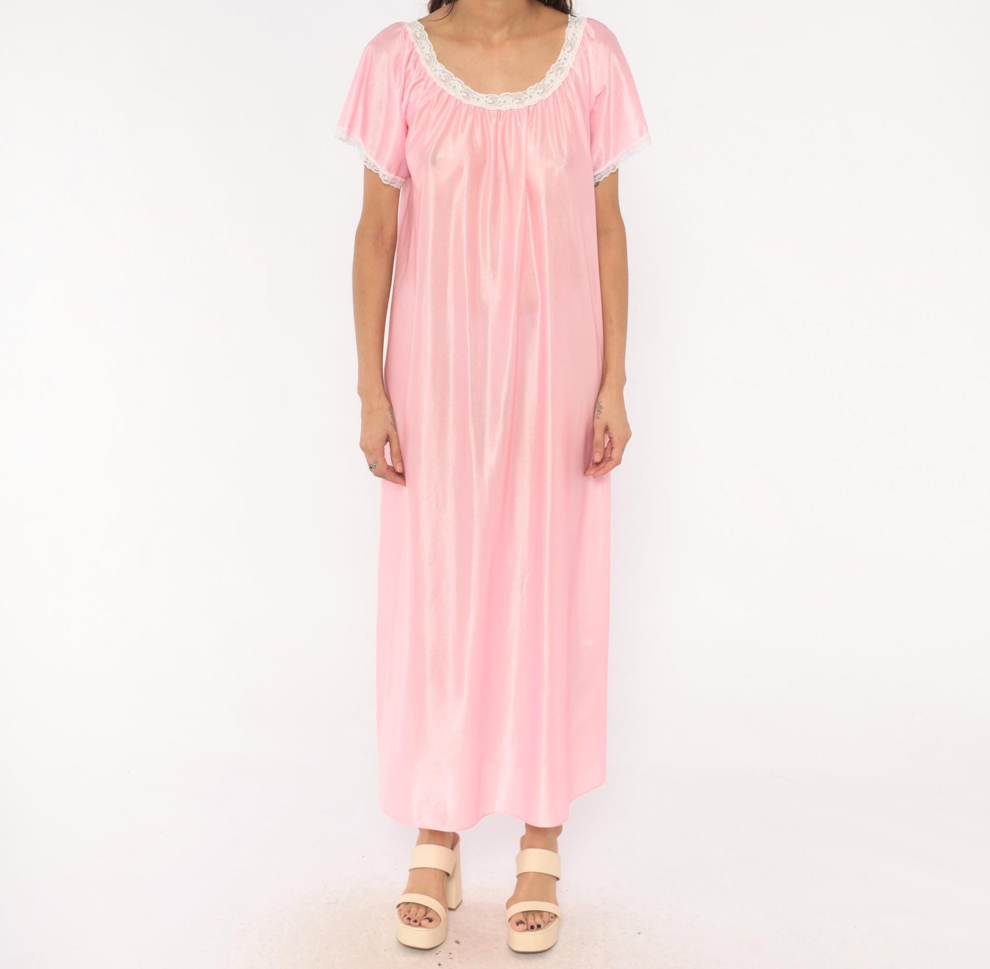 80s Private Moments Pink Maxi Nightgown Lace Trim Flutter Sleeve One Size