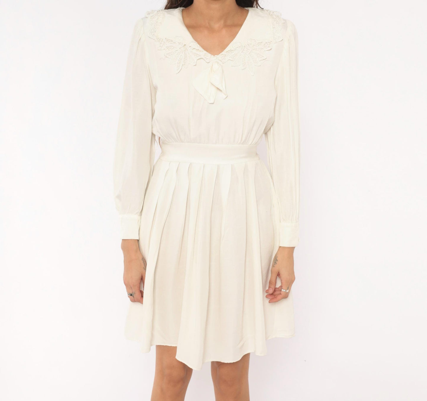 80s Lanz Originals Cream Lace Collar Puff Sleeve Dress Pleated Skirt Small S
