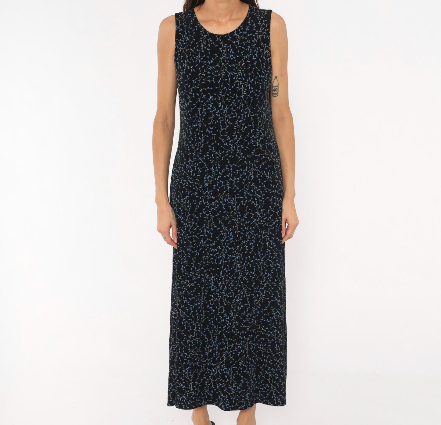 90s Black Vine Print Maxi Dress Blue Leaf Scoop Neck Tank Medium Large