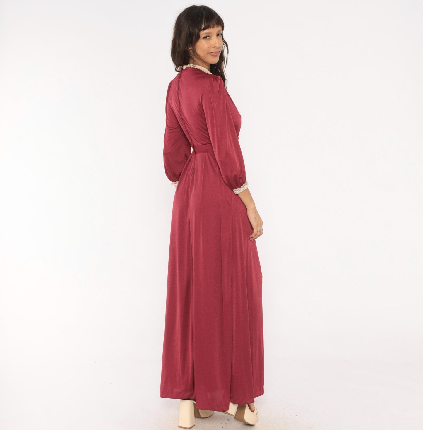 70s Burgundy Lace Bib Maxi Dress Puff Sleeve High Neck Ribbon Bow Extra Small