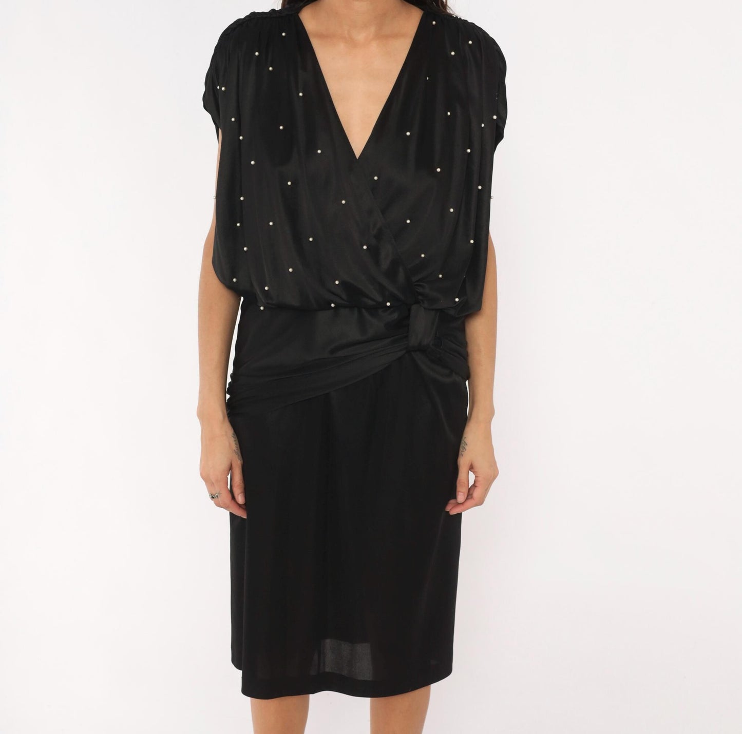 90s Jenny Black Pearl Studded Wrap Dress V Neck Knee Length Medium M