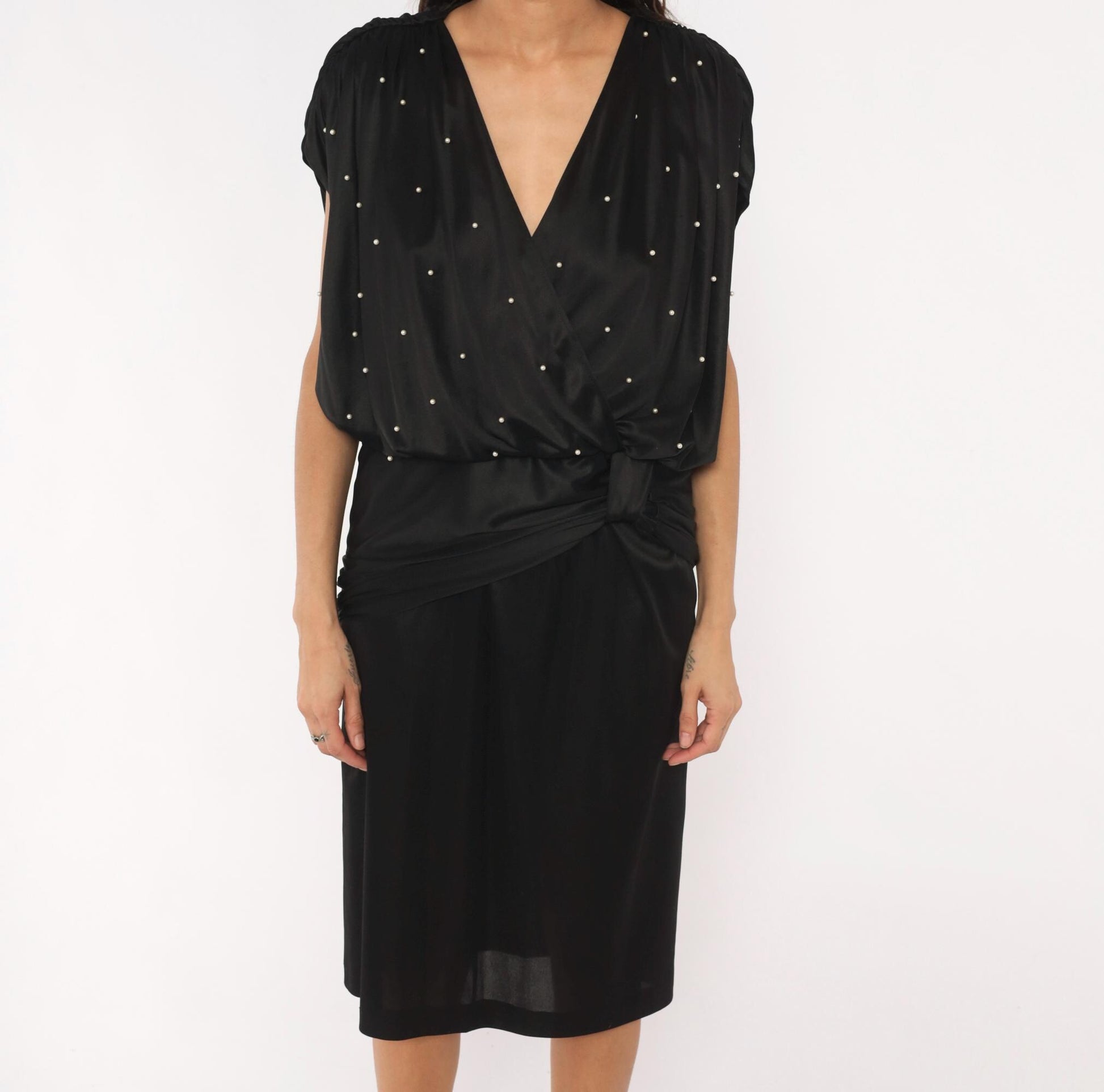 90s Jenny Black Pearl Studded Wrap Dress V Neck Knee Length Medium M