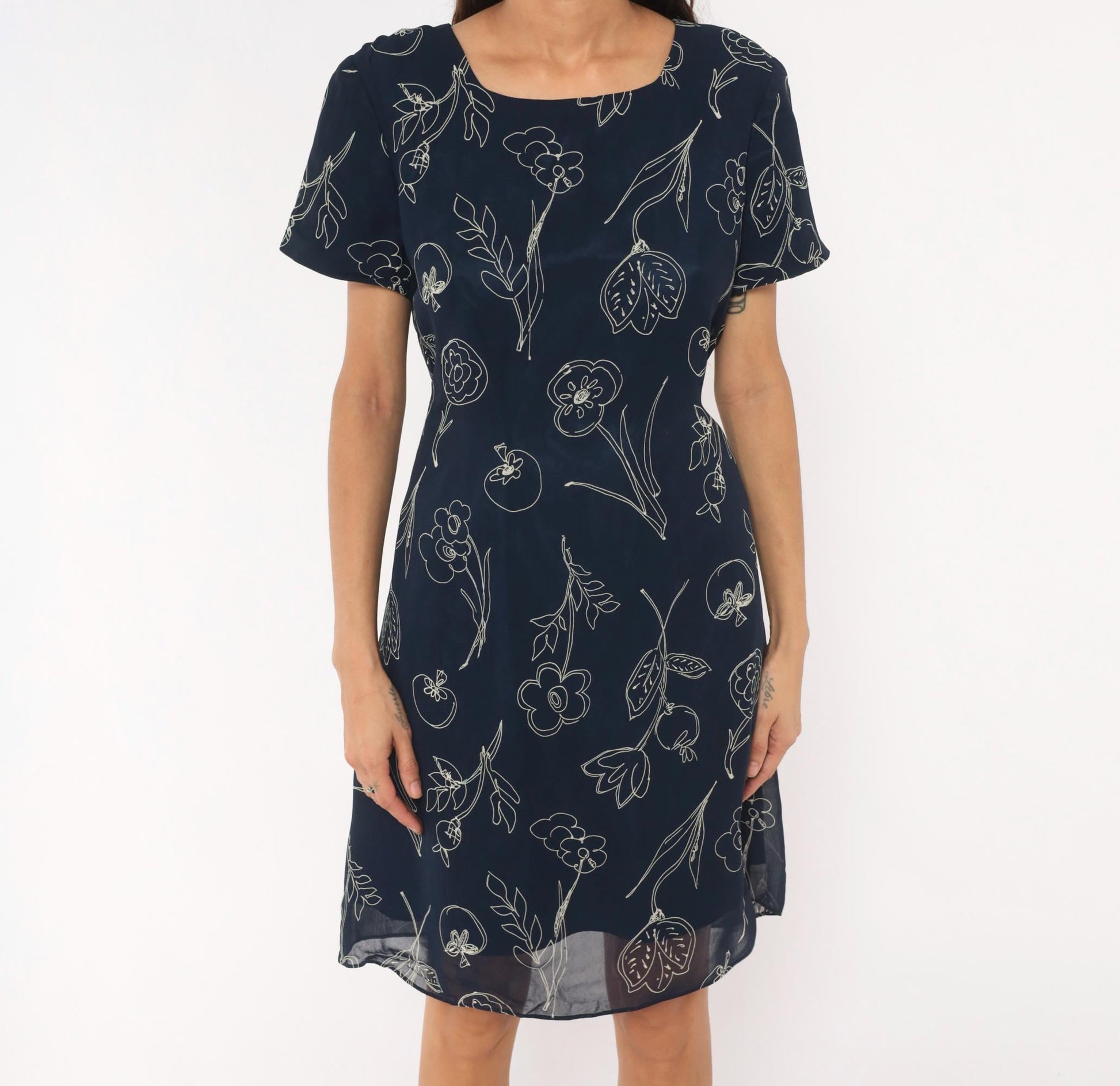 90s Talbots Navy Botanical Line Drawing Knee Dress White Floral Scoop Neck Large L