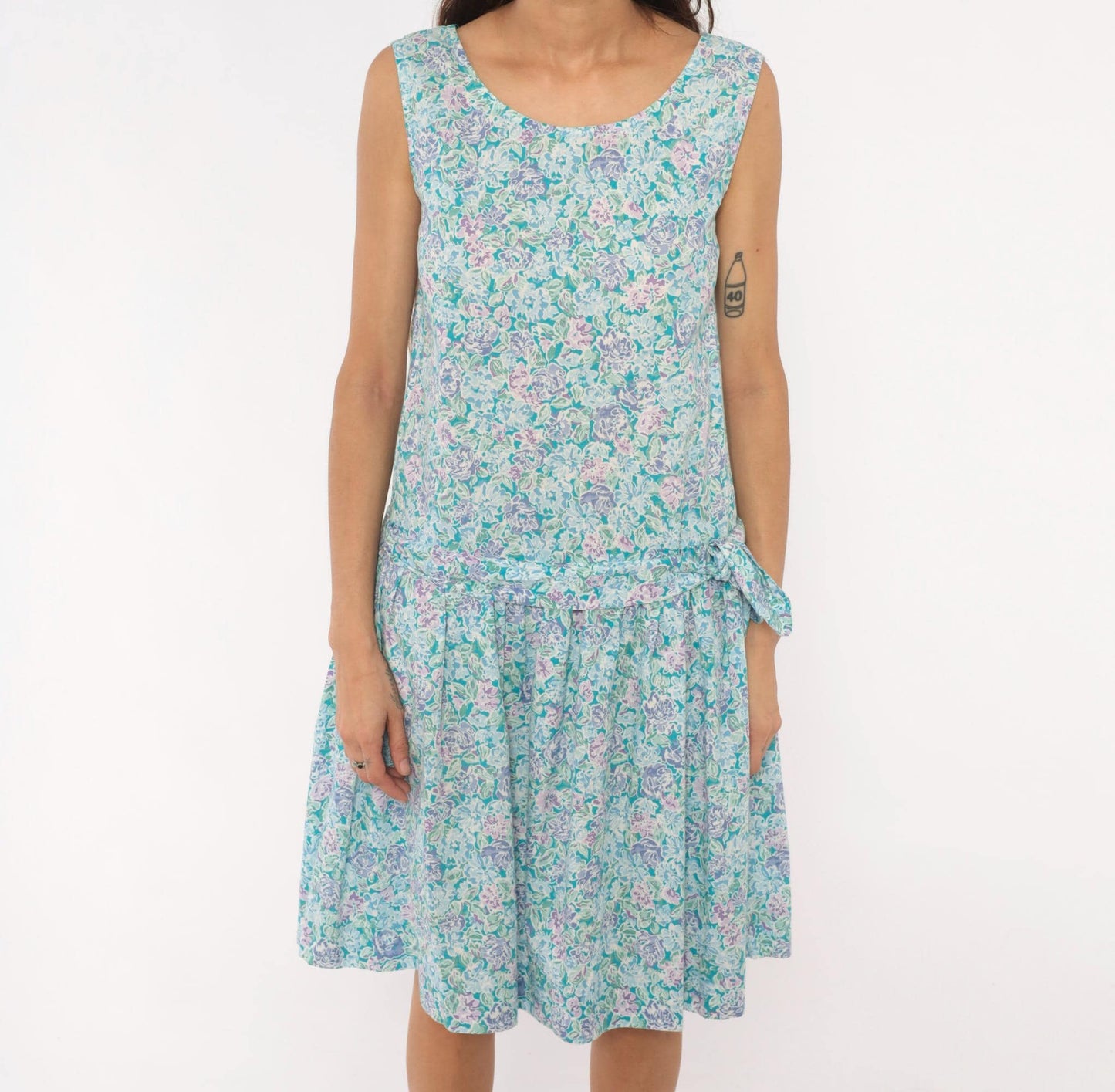 90s Laura Ashley Floral Cotton Sundress Drop Waist Knee-Length Small
