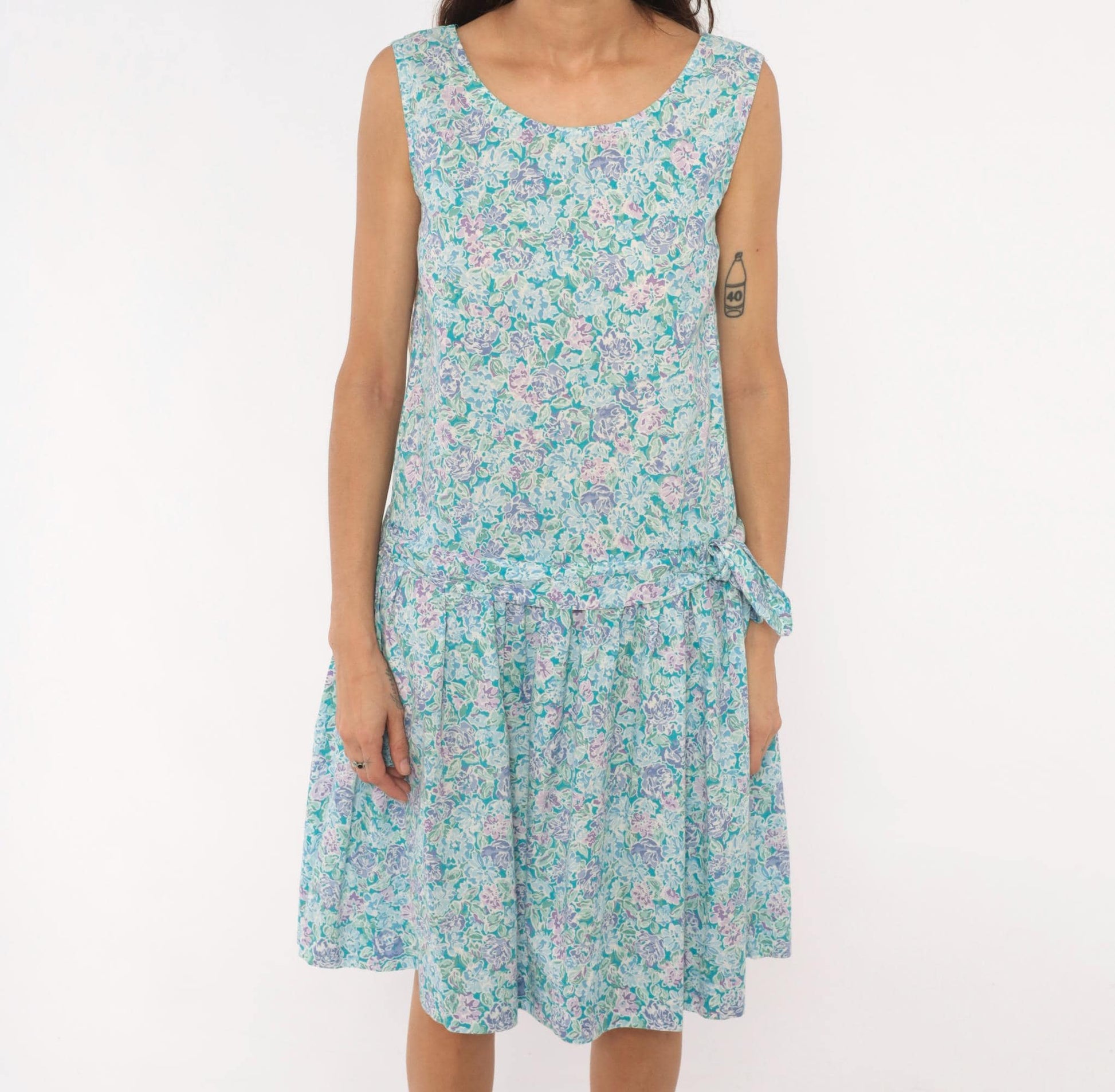90s Laura Ashley Floral Cotton Sundress Drop Waist Knee-Length Small
