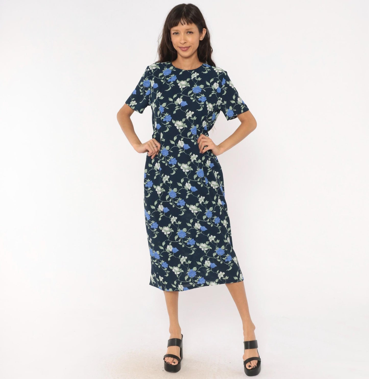 90s J.E. Fashion Floral Midi Dress Navy Blue Rose Print Short Sleeve Medium M