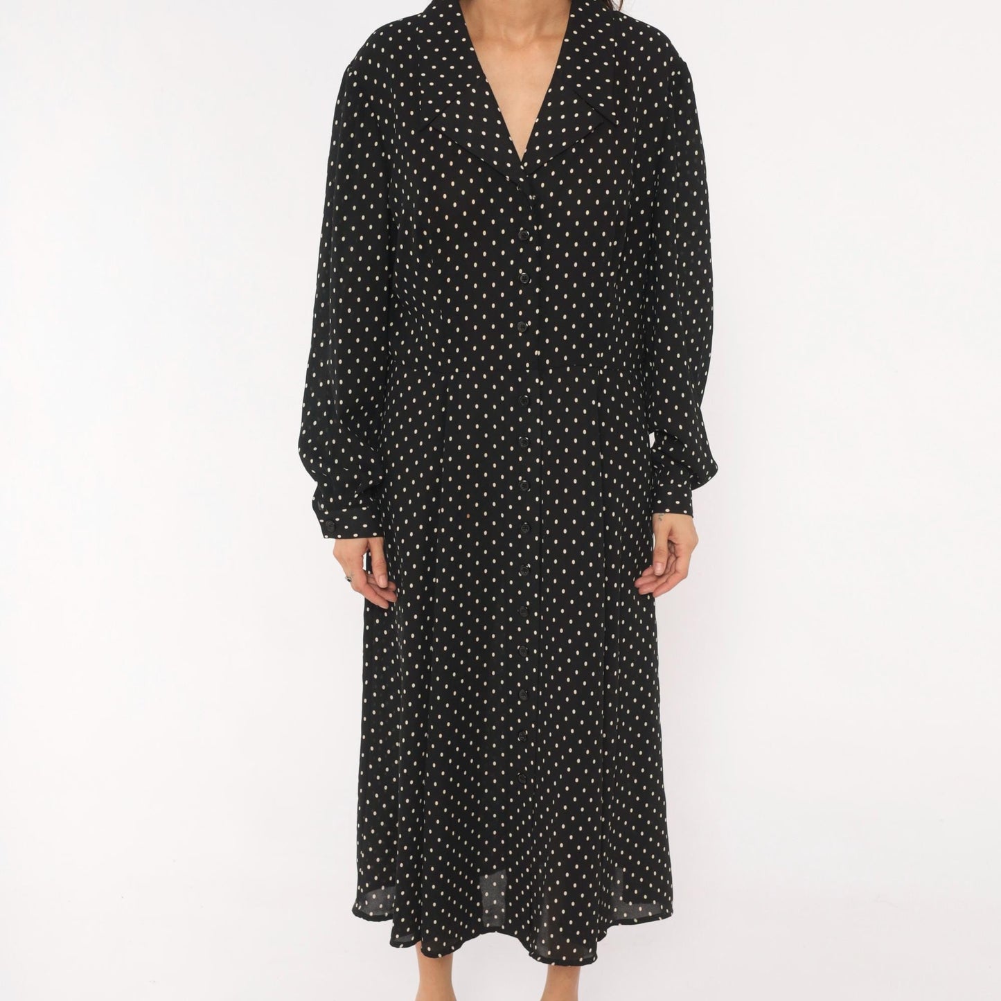 90s Liz Claiborne Polka Dot Shirt Dress Black White Midi Collar Extra Large XXL