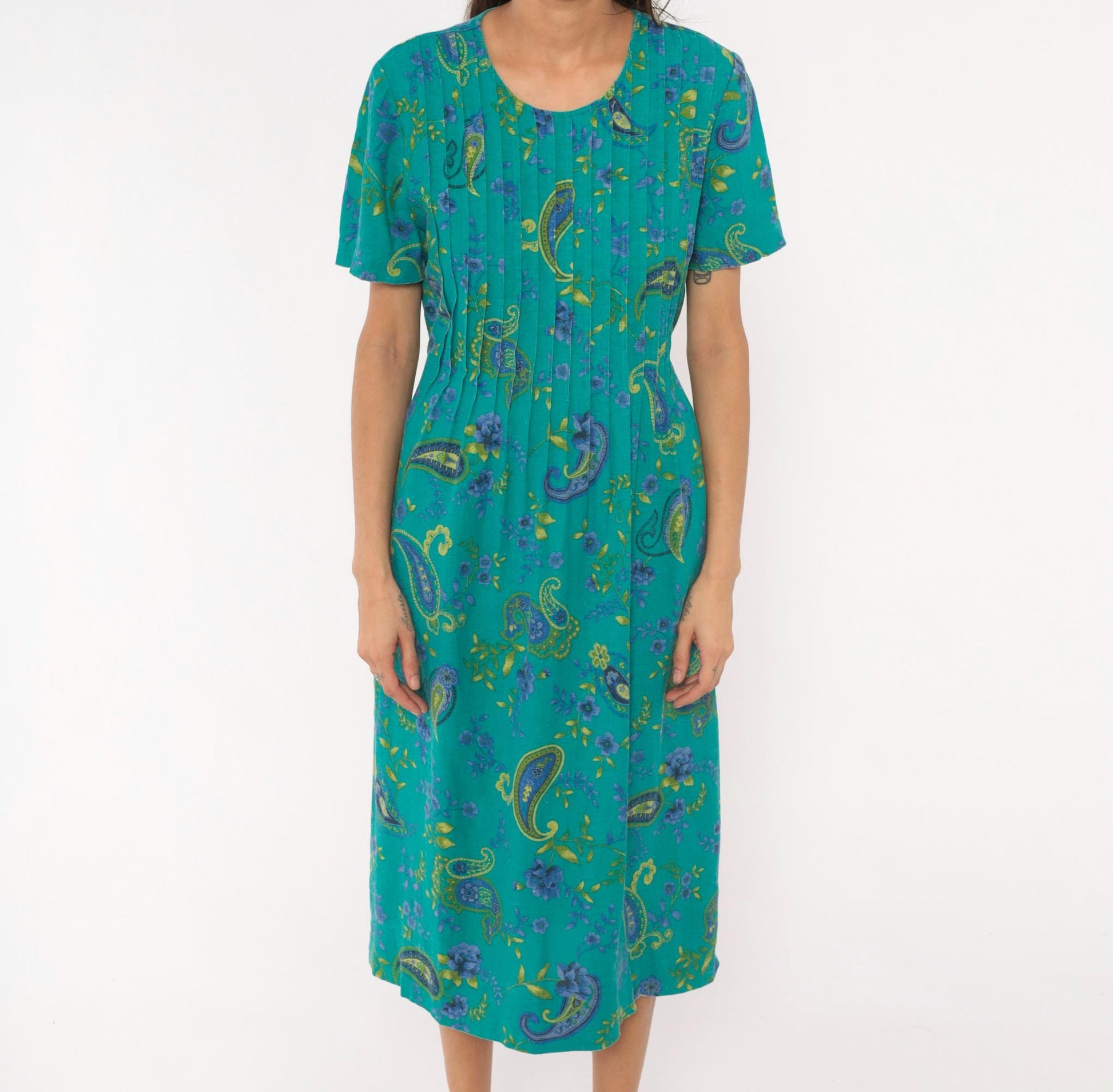 90s Miss Dorby Paisley Pintuck Midi Dress Teal Floral Cotton Medium M