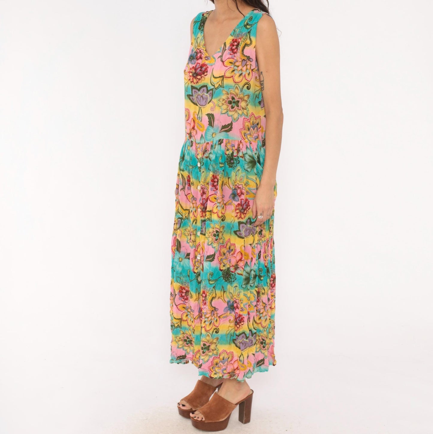 Y2K Bila Floral Maxi Dress Sleeveless V-Neck Tiered Pink Teal Yellow Medium M