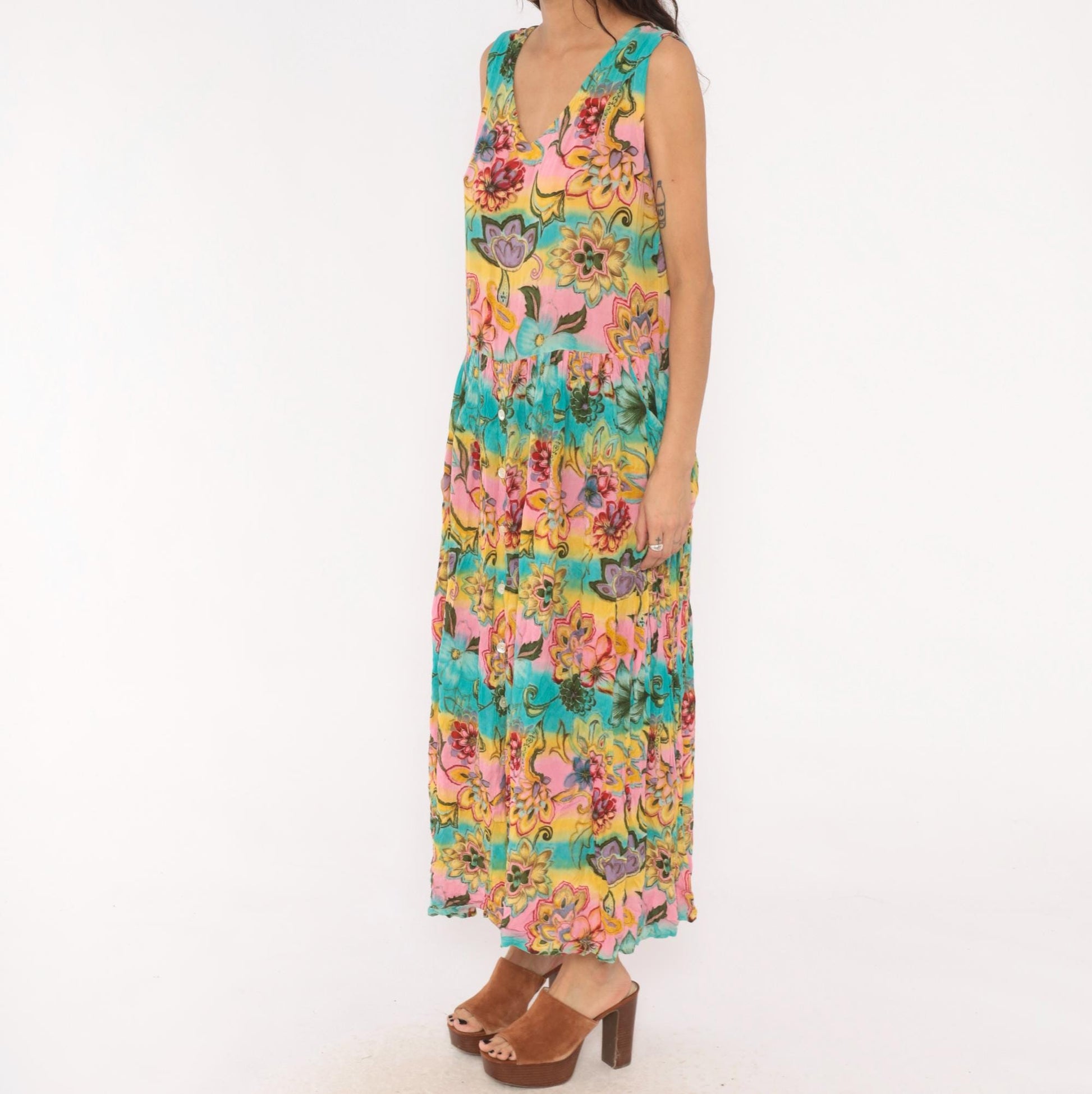 Y2K Bila Floral Maxi Dress Sleeveless V-Neck Tiered Pink Teal Yellow Medium M