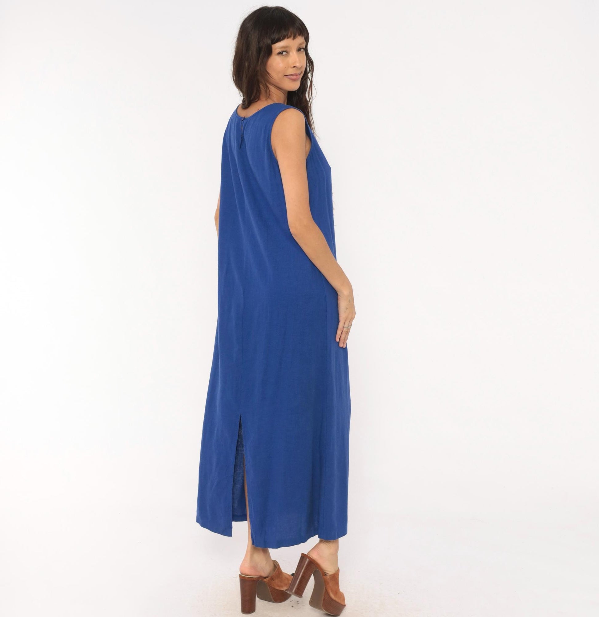 90s Ultra Dress Cobalt Linen Maxi Dress Angelfish Embroidered Medium Large