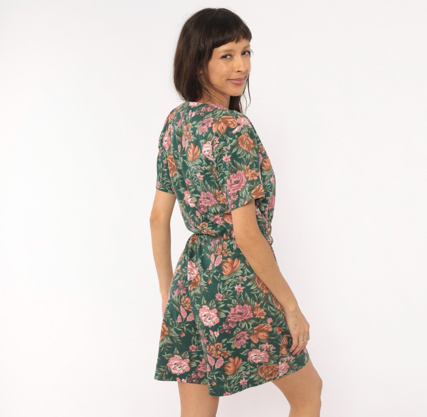 90s Shenanigans Floral Romper Green Pink Rose Drawstring Waist Medium M