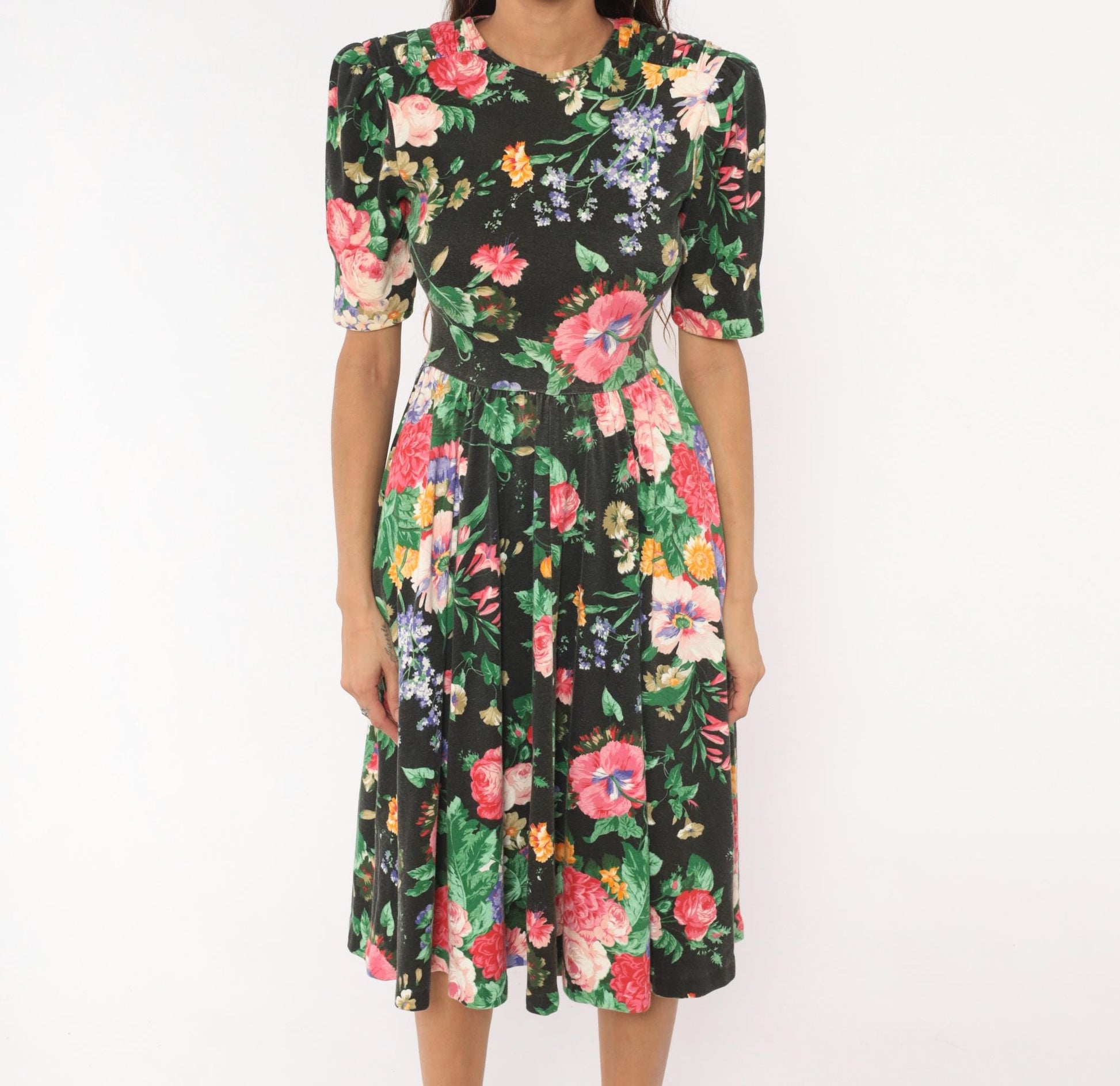 90s Expo Petite Floral Midi Dress Black Pink Puff Sleeve Small