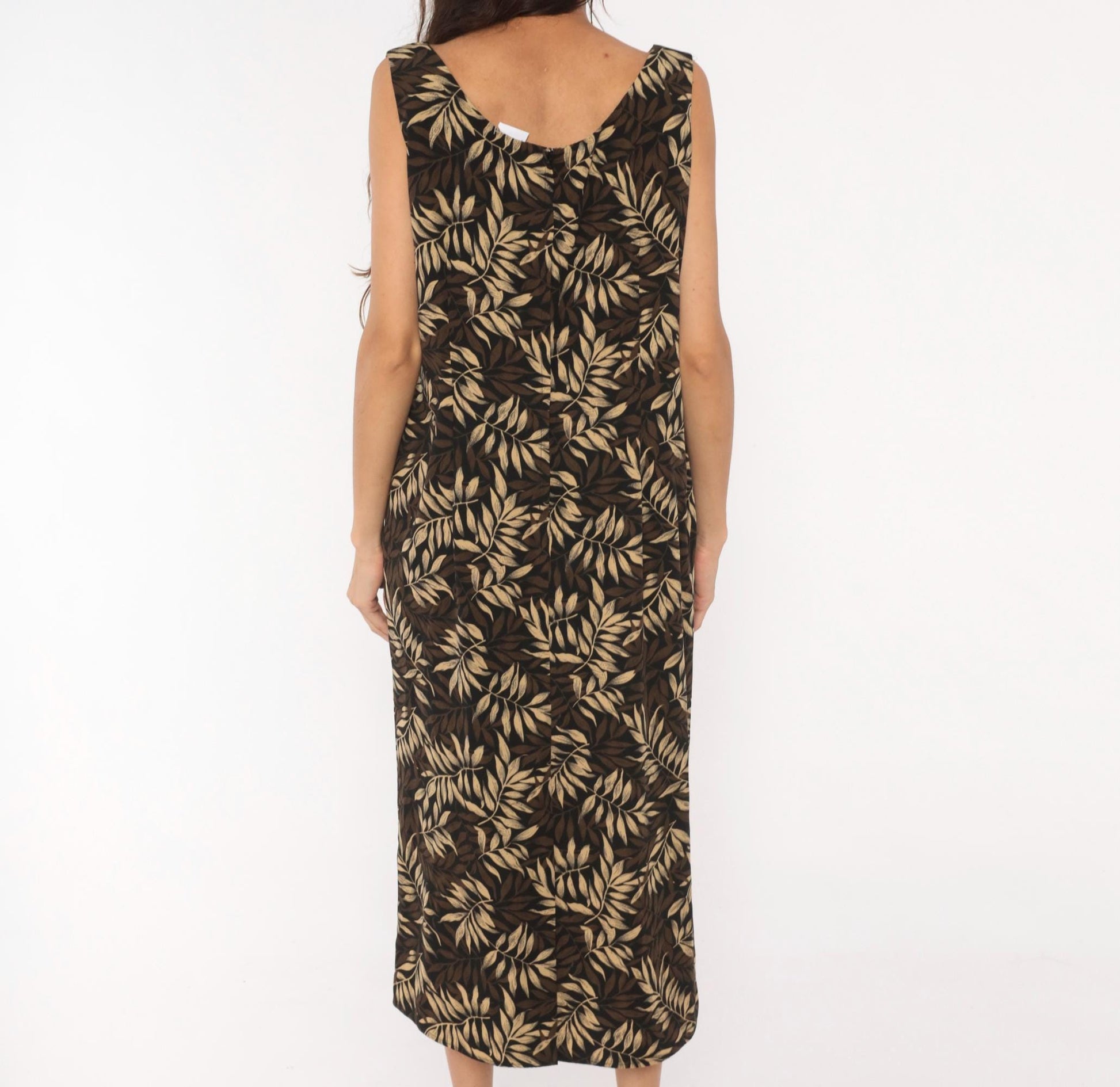 90s Studio I Tropical Leaf Print Midi Dress Sleeveless V-Neck Black Large L