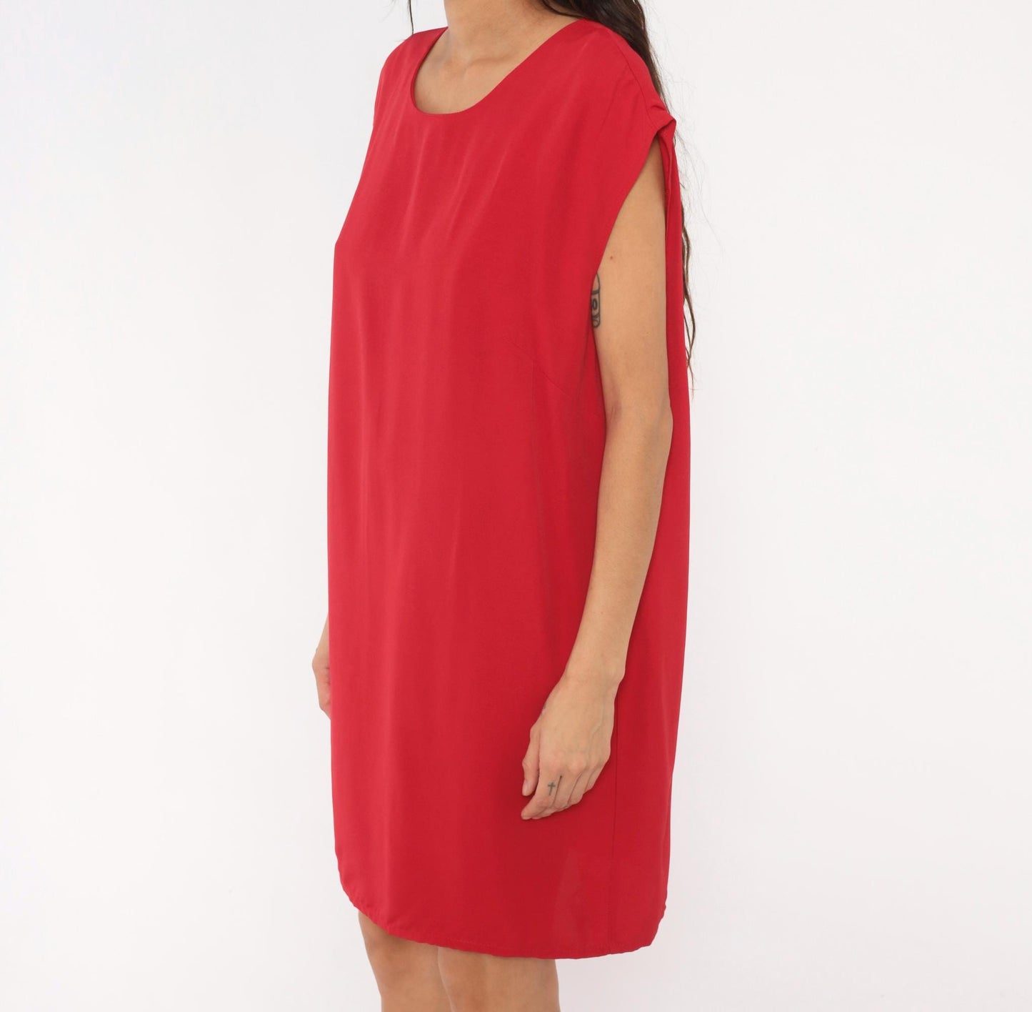 90s Red Shift Dress Cap Sleeve Knee-Length Scoop Neckline Large L