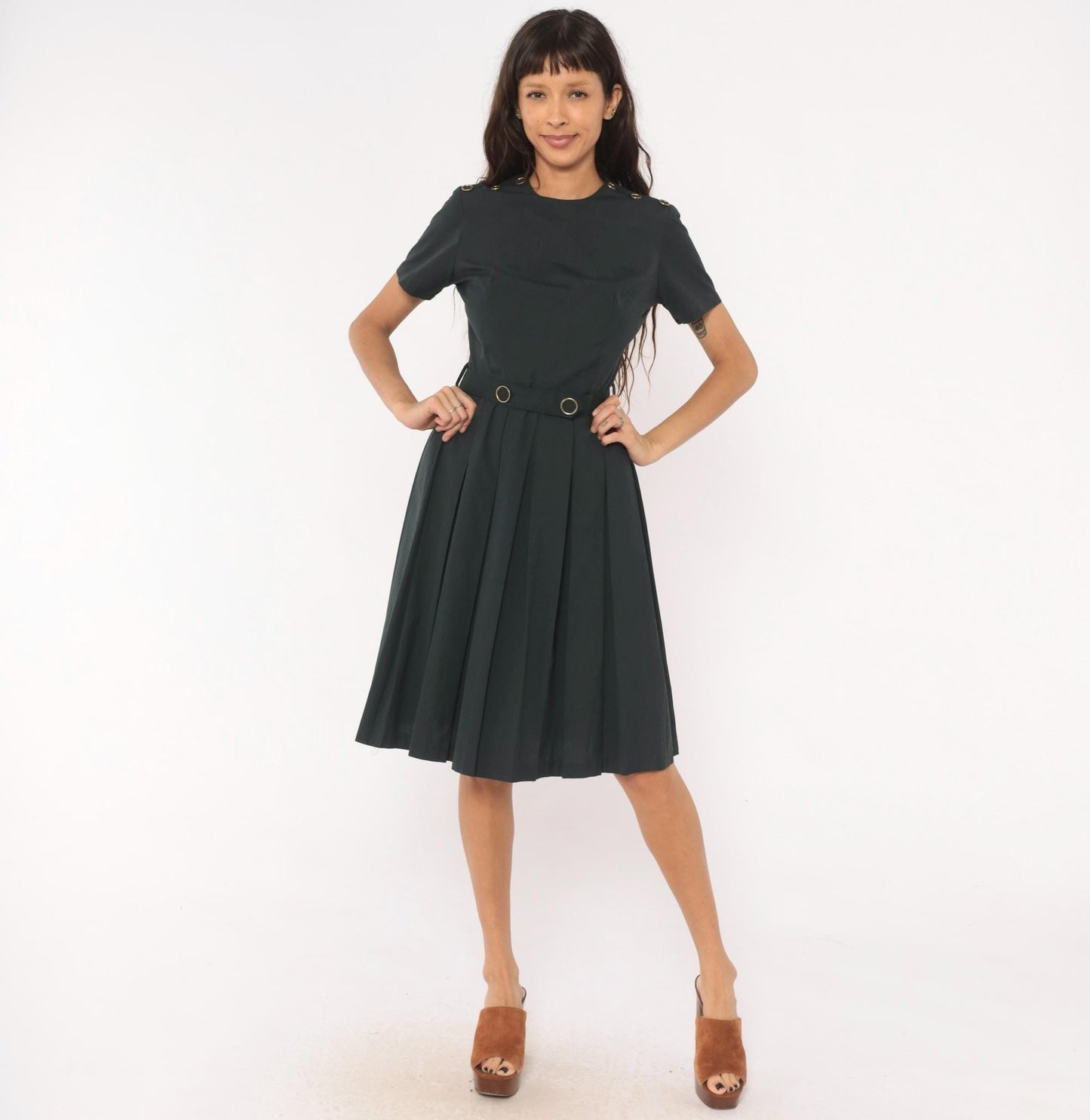 60s Charcoal Pleated A-Line Dress Gold Grommet Detail Cotton Small