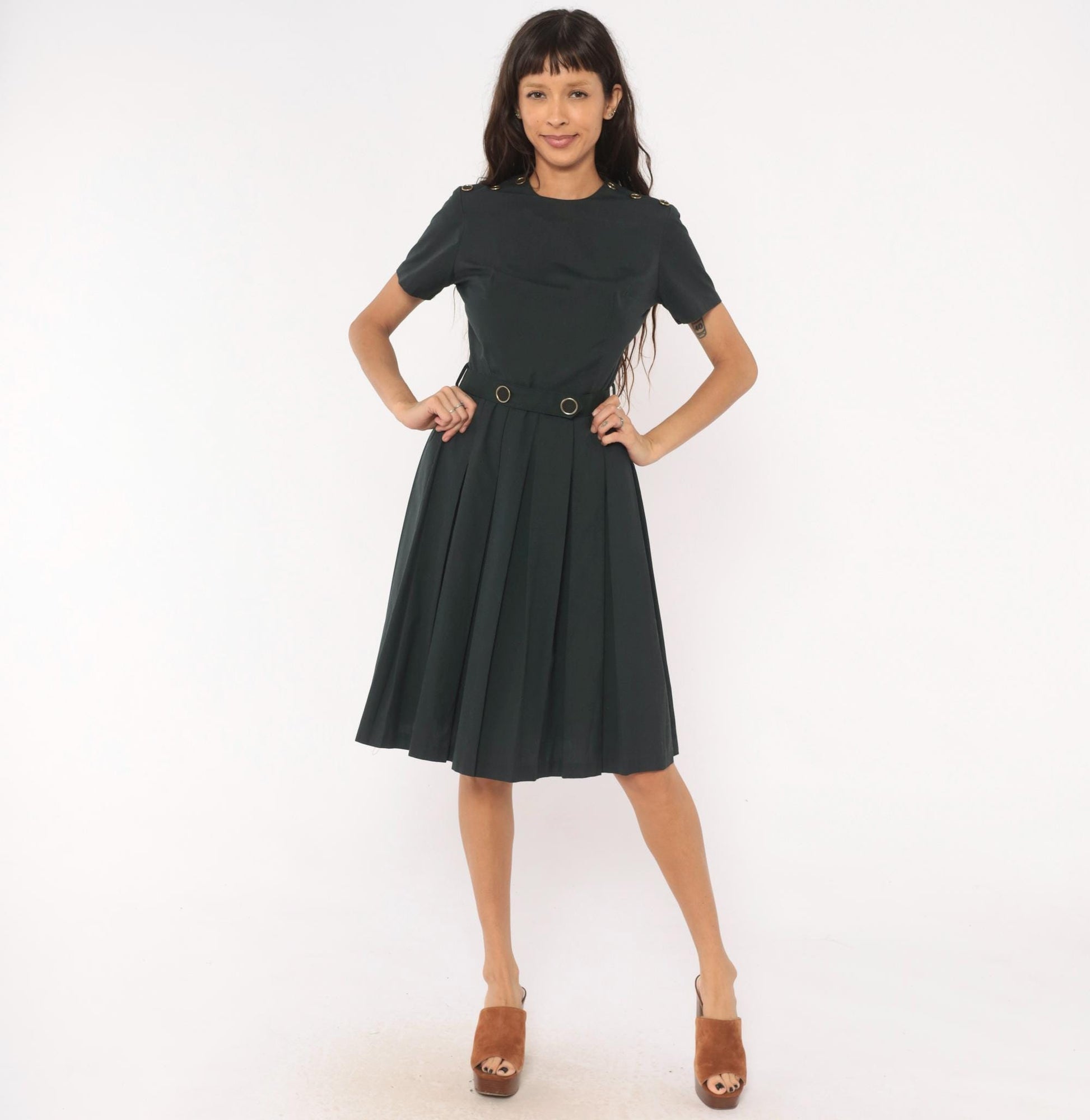 60s Charcoal Pleated A-Line Dress Gold Grommet Detail Cotton Small