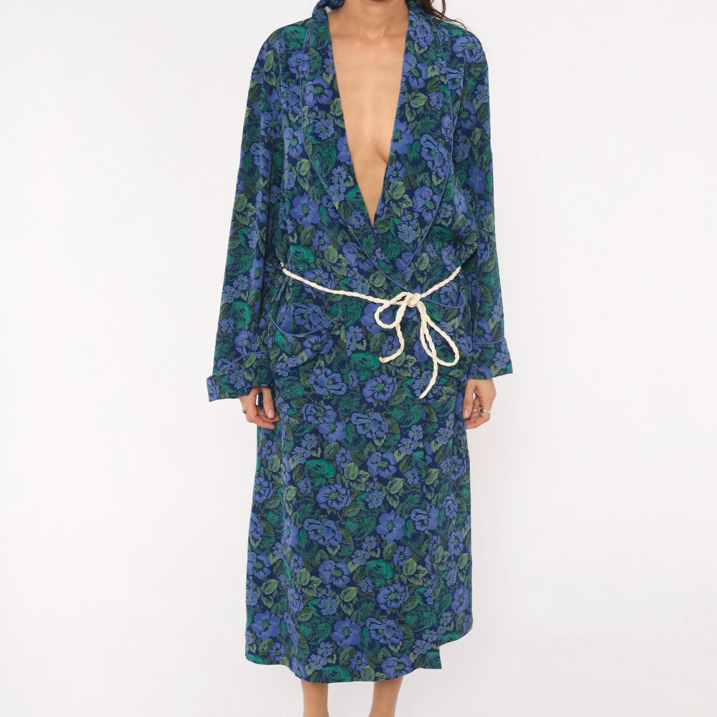 90s Cacique Floral Wrap Robe Periwinkle Navy Botanical Print Midi Large L