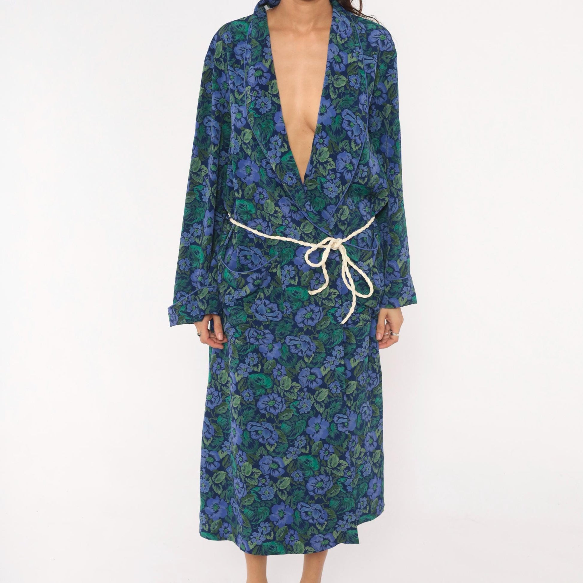 90s Cacique Floral Wrap Robe Periwinkle Navy Botanical Print Midi Large L