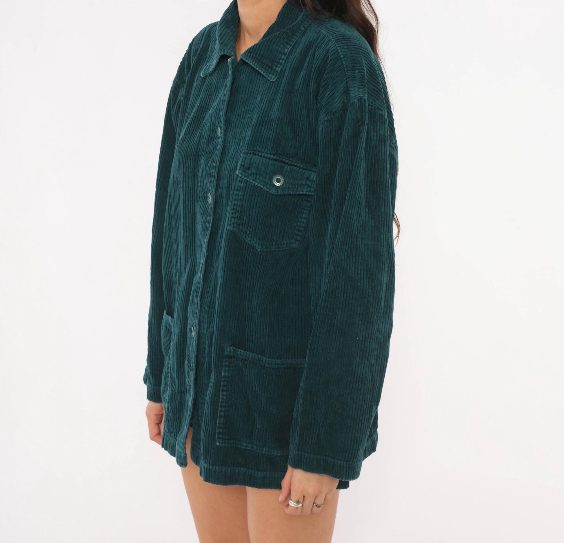 90s Teal Corduroy Shacket Wide Wale Button Front Shirt Jacket Large L