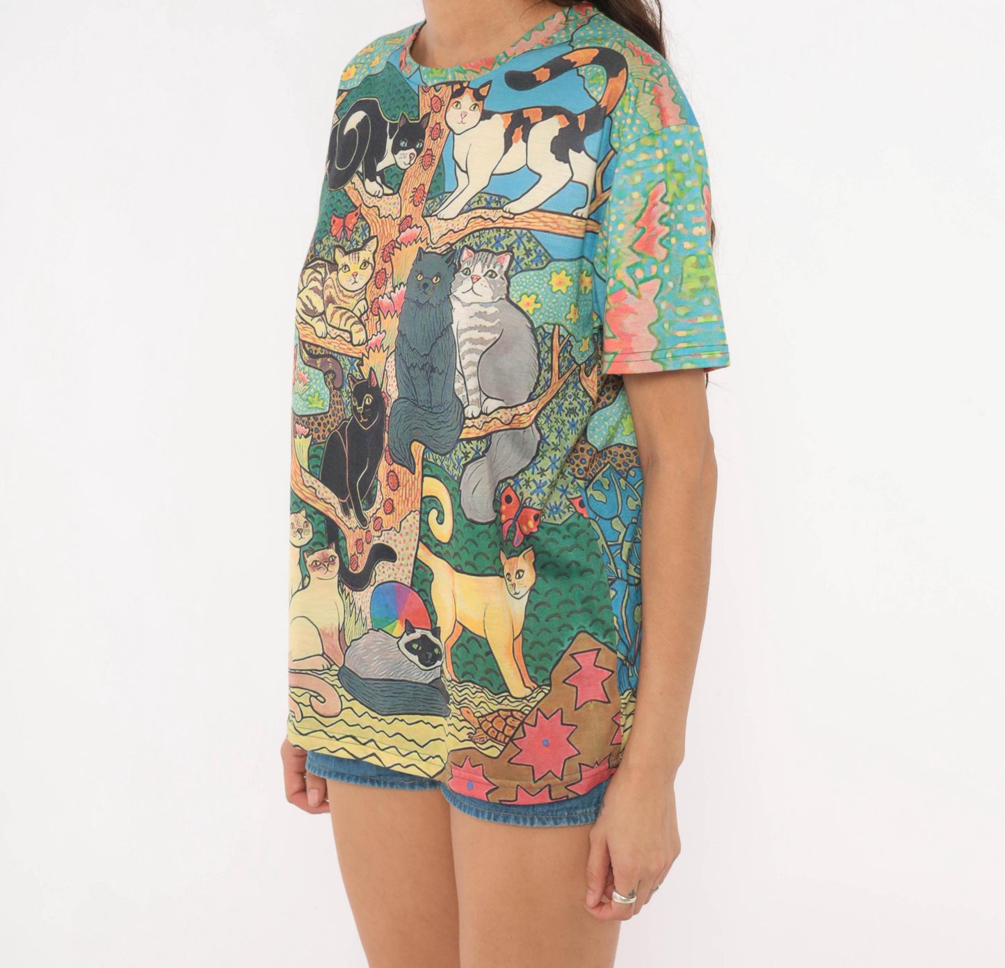Y2K Cat Tree Tee All Over Print Graphic Multicolor Cats Illustration Medium M