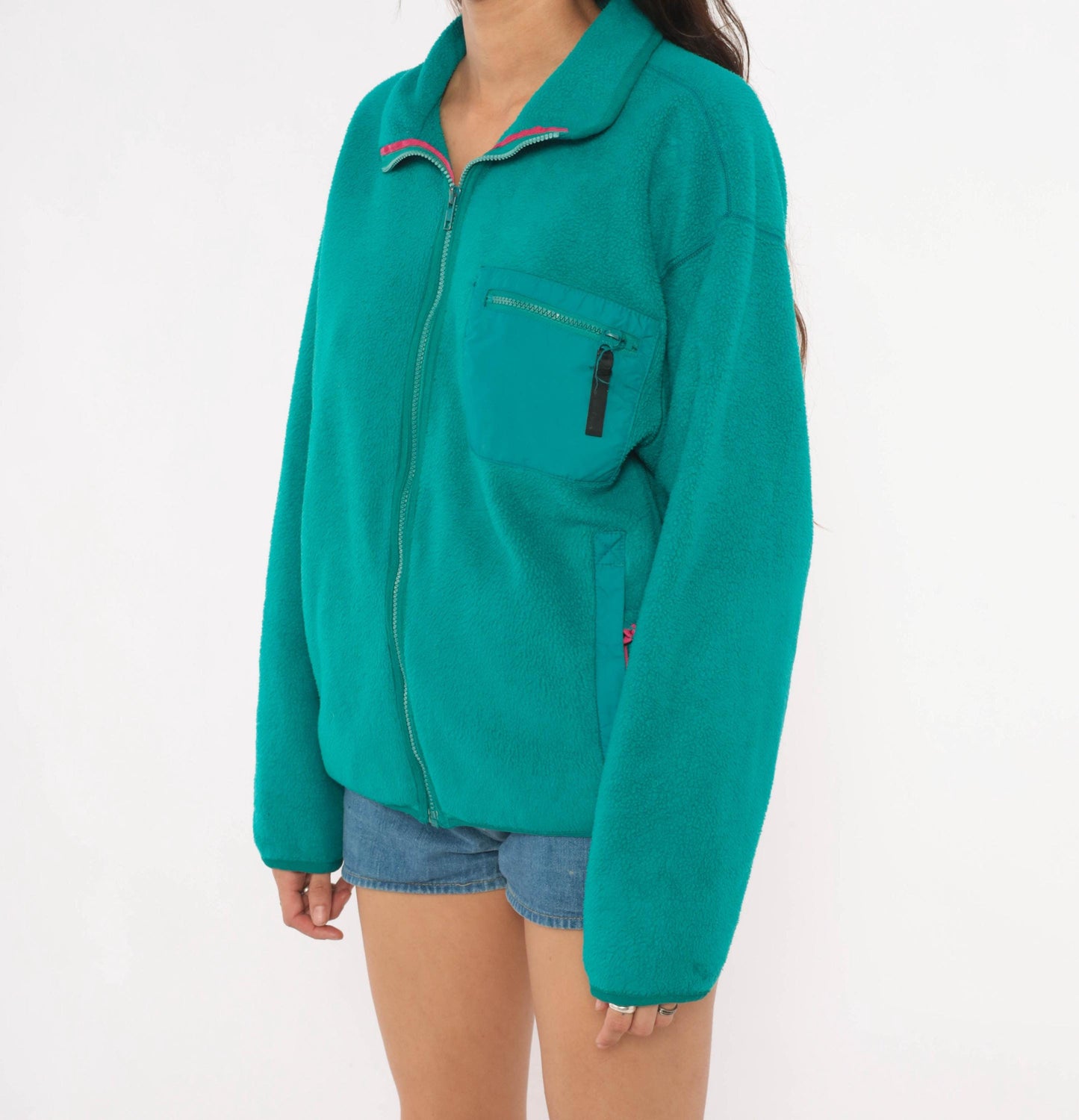 90s Patagonia Teal Fleece Full Zip Jacket Pink Trim Large L