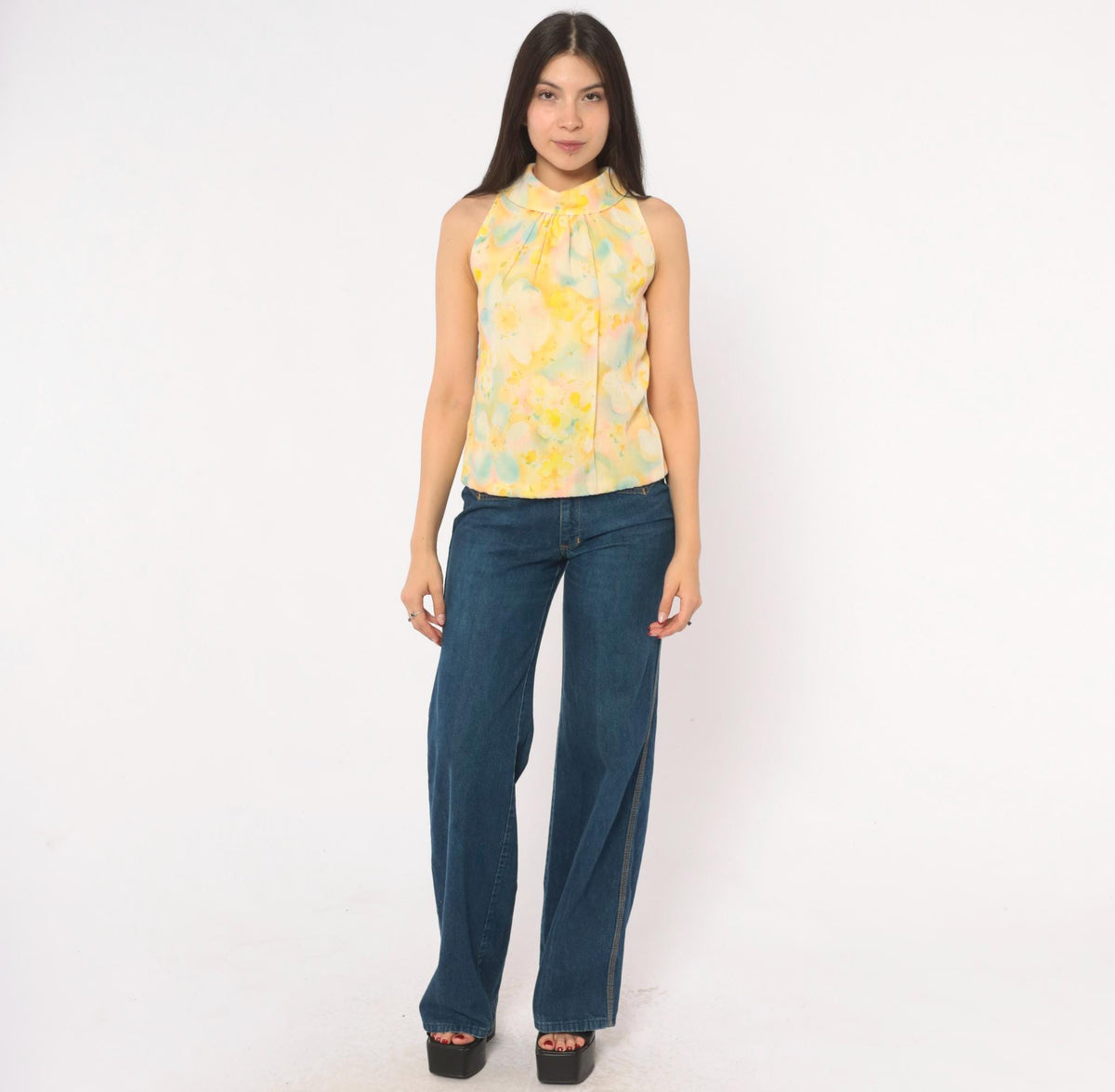 70s Watercolor Floral Sleeveless Blouse Yellow Pink Blue Cotton Mock Neck Extra Small