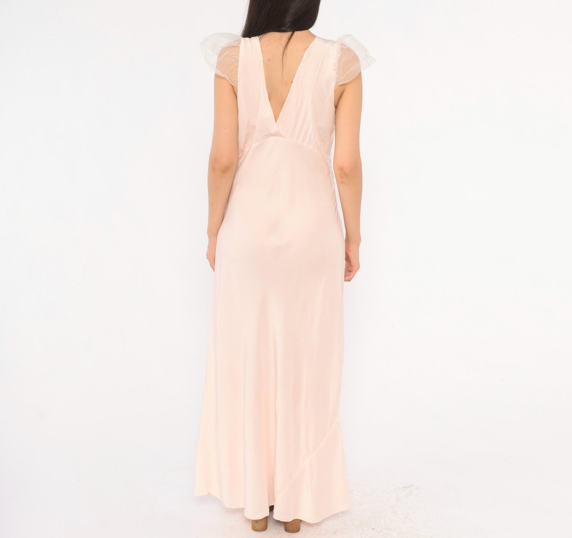 1950s Blush Pink Nylon Nightgown Maxi Slip Lace Trim Cap Sleeve Large L
