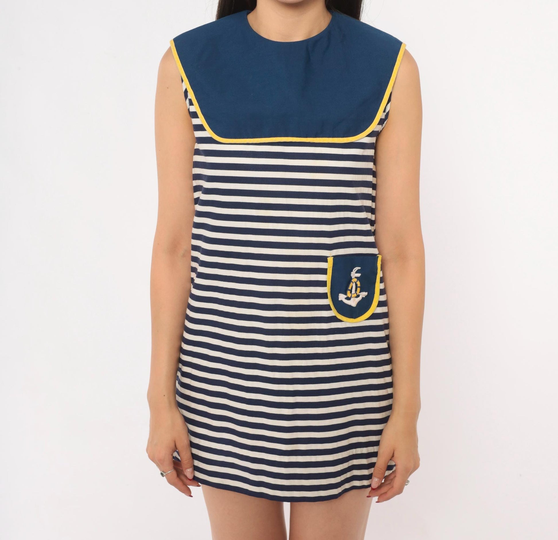 60s Nautical Mini Sailor Dress Navy White Striped Cotton Anchor Embroidered XS